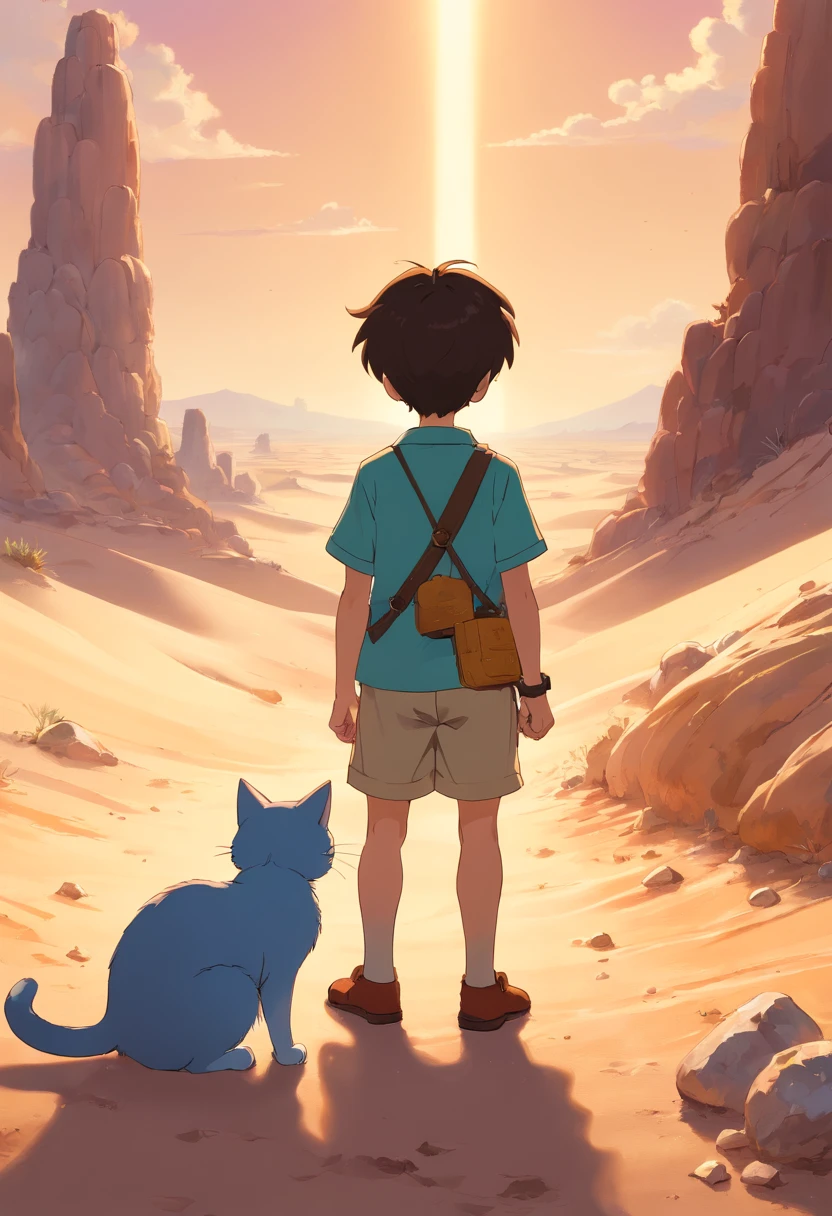 Little boy with his cat, excentrique, who searches for diamonds in the hot and dry desert. Brightness Clear dark. buried treasure. 