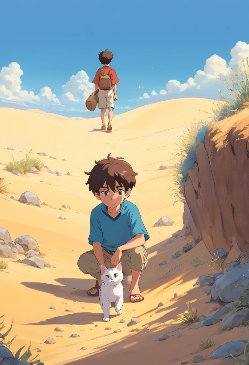Little boy with his cat, excentrique, who searches for diamonds in the hot and dry desert. Brightness Clear dark. buried treasure. 