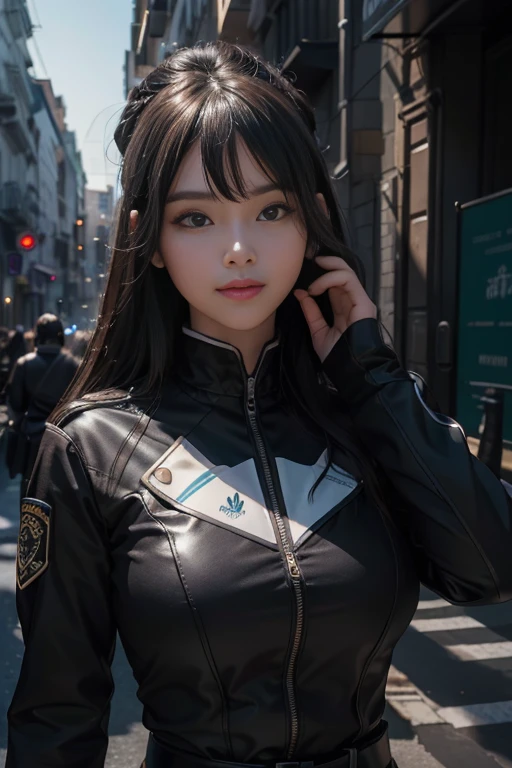 (Hyper-realistic) , (illustratio), (Increase the resolution),(8K), (Most Best Illustration),(extremely detaile), (美丽细致的眼睛),(The face is super detailed), (详细的脸), 独奏,1个Giant Breast Girl, looking at viewert, in the darkness nigth, deep shading, ssmile,cabelos preto e longos，（（（Black SWAT uniform：1.8）））