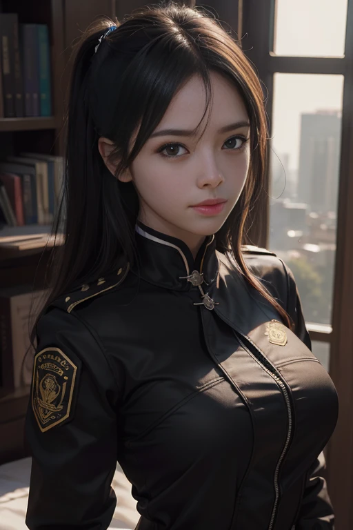 (Hyper-realistic) , (illustratio), (Increase the resolution),(8K), (Most Best Illustration),(extremely detaile), (美丽细致的眼睛),(The face is super detailed), (详细的脸), 独奏,1个Giant Breast Girl, looking at viewert, in the darkness nigth, deep shading, ssmile,cabelos preto e longos，（（（Black SWAT uniform：1.8）））