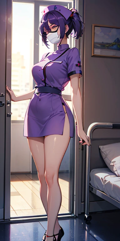 masterpiece,high quality, Beauty,A girl in a tight nurse costume stands in her room, big hips, , Long legs, Short skirt