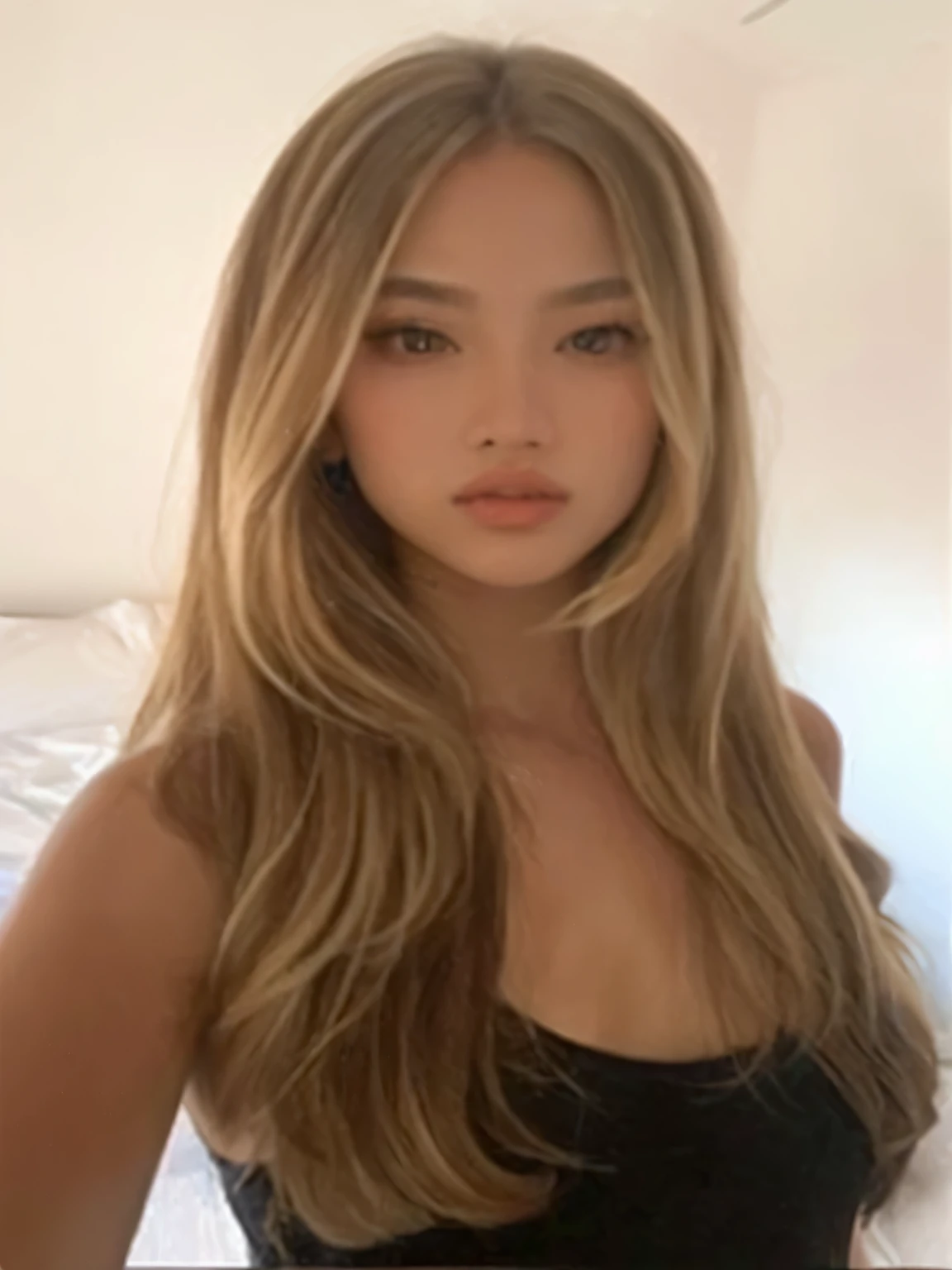 um close up da Jennie blackpink com cabelos longos e um top preto, morena com cabelos tingidos de loiro, Retrato de Sophie Mudd, 18 anos de idade, foto de uma modelo, cabelo loiro sujo, 1 8 are, imagem vazada, uma loira linda, Cabelo loiro escuro, imagem de perfil, modelo secreto de victoria, 2 modelo feminino de 4 anos, olhando direto, Jennie blackpink