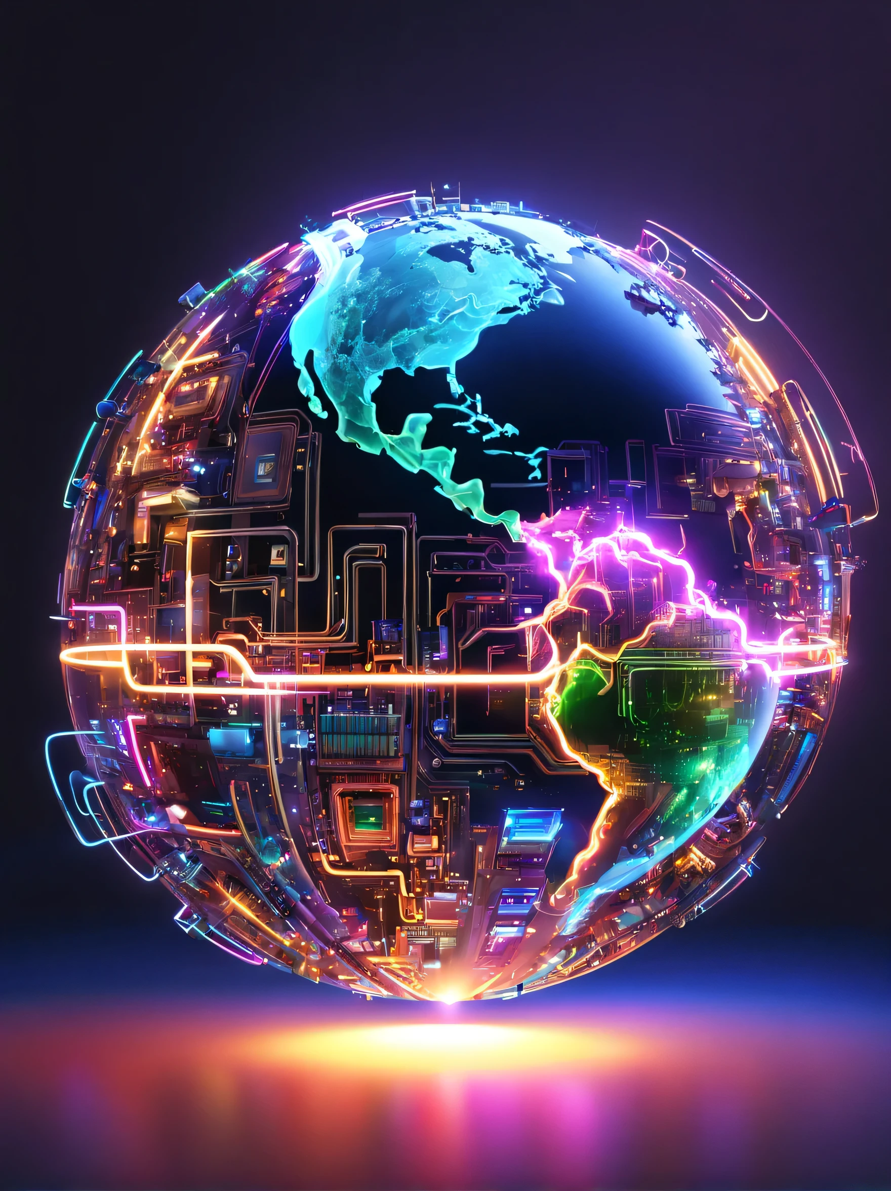 holography,Neon colorで描く((Earth)):sphere:((floating)),transparent,electronic circuitry,Three-dimensional,light,SF,Digitalアート,Digital,scientific,dark background:electronic circuitry:Neon color,3D,masterpiece,Digital空間,energy,beautiful,最高masterpiece,8K,科学のlight,be familiar with,Bright colors,colorful,nice,beautiful