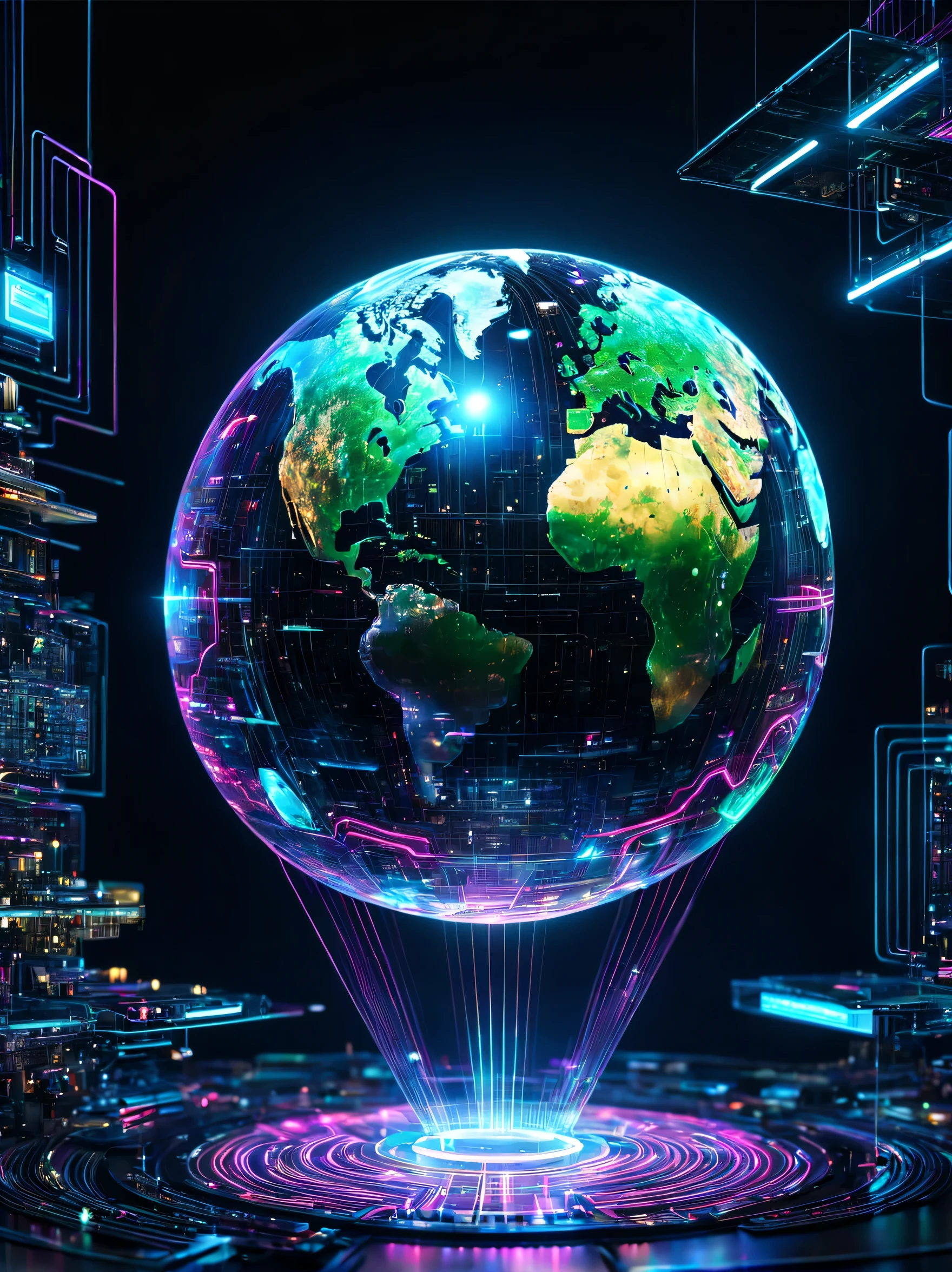 holography,Neon colorで描く((Earth)):sphere:((floating)),transparent,electronic circuitry,Three-dimensional,light,SF,Digitalアート,Digital,scientific,dark background:electronic circuitry:Neon color,3D,masterpiece,Digital空間,energy,beautiful,最高masterpiece,8K,科学のlight,be familiar with,Bright colors,colorful,nice,beautiful