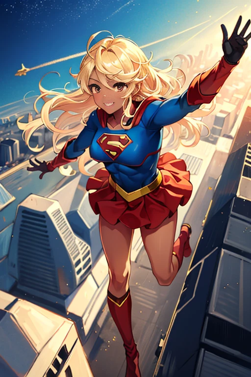 Oga Saki, 1girl, solo, red eyes, blonde hair, long hair, large breasts, dark-skinned female, dark skin, smile, standing, dynamic pose, 8k, masterpiece, best quality, absurdres, perfect anatomy, cinematic lighting, cowboy shot, (supergirl costume:1.1), (flying, flying over city:1.2)