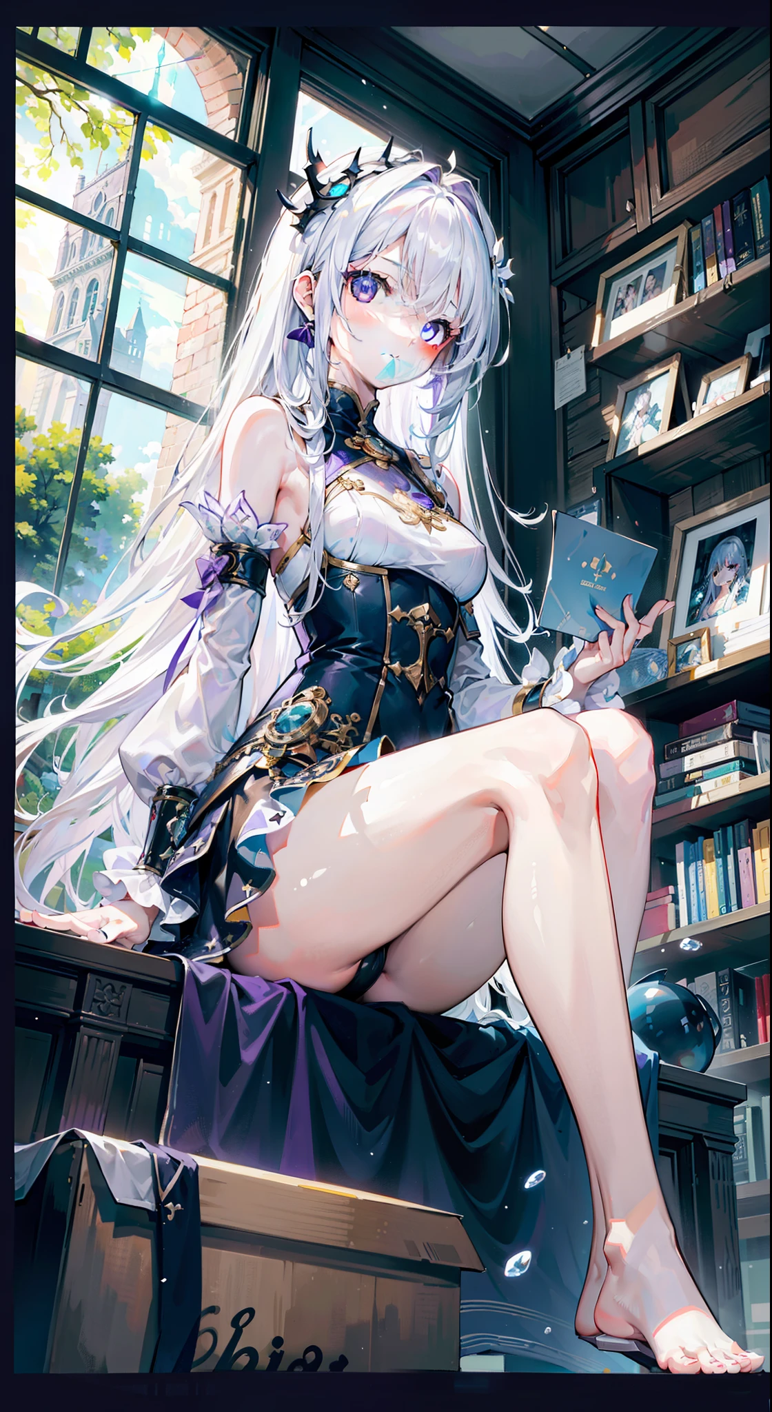 best quality, masterpiece, (actual:1.2), 1 girl, Detailed face, beautiful eyes, [(Transparent Background:1.5)::5], (((masterpiece))), (((best quality))),(((Very detailed))), illustration, 1 girl, alone, mystery, Bright colors, shining, underwater透明密封半球形玻璃穹顶, (white hair), (purple eyes), Upper body, barefoot, Long hair is calm and natural, Require, underwater, domes, close up, dynamic action, Lens perspective, (((Box composition))),sit cross-legged，Leaning against the bookshelf, Volumetric lighting, , Super detailed, faint smile, Very detailed, beautiful, nitty gritty, Super detailed, best quality, 8k, Popular topics on art sites, good ???????, beautiful lighting, Award-winning,