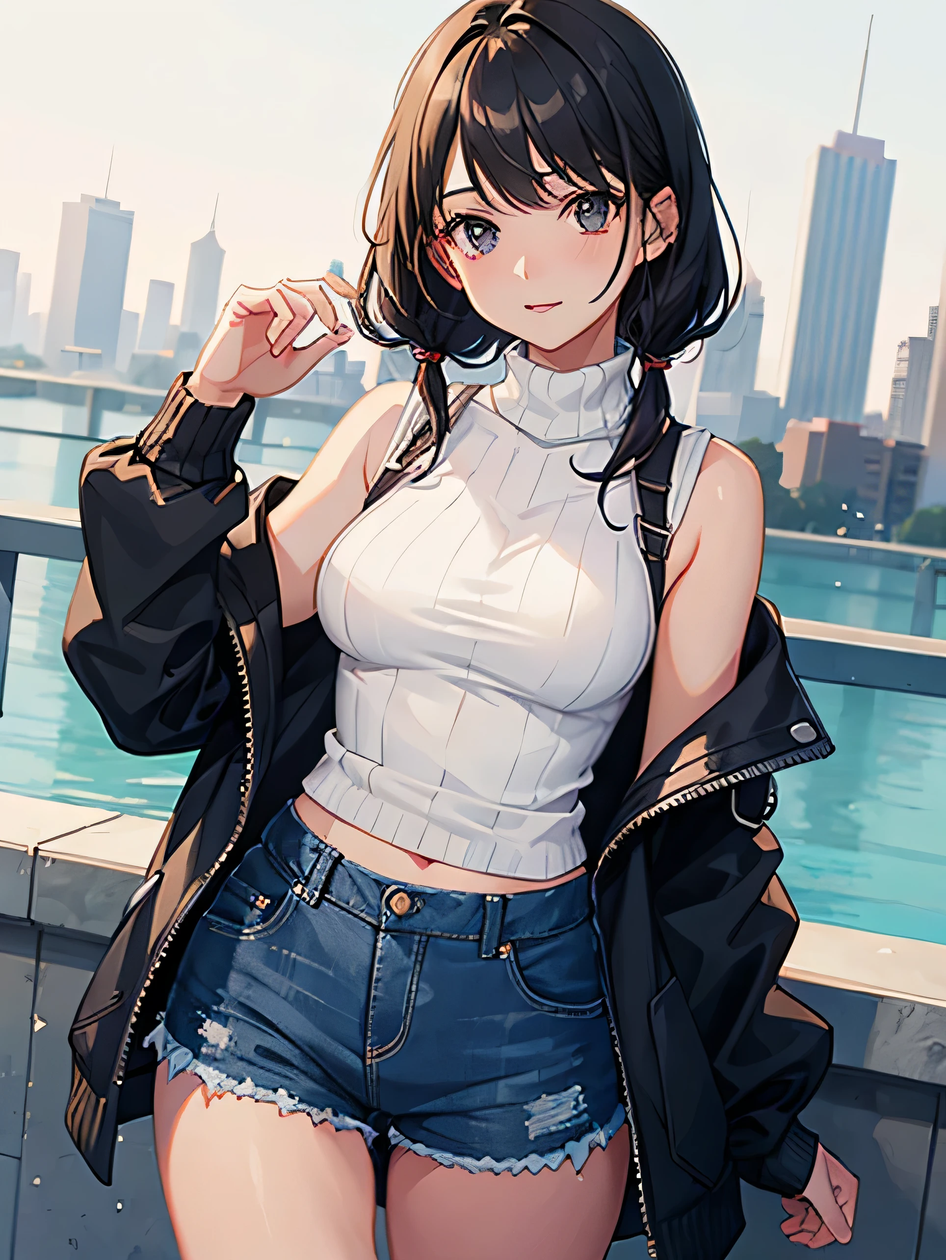 a girl with low-cut sweater, medium breasts, shorts, flirty look, very well detailed, cityscape or academy, black hair,