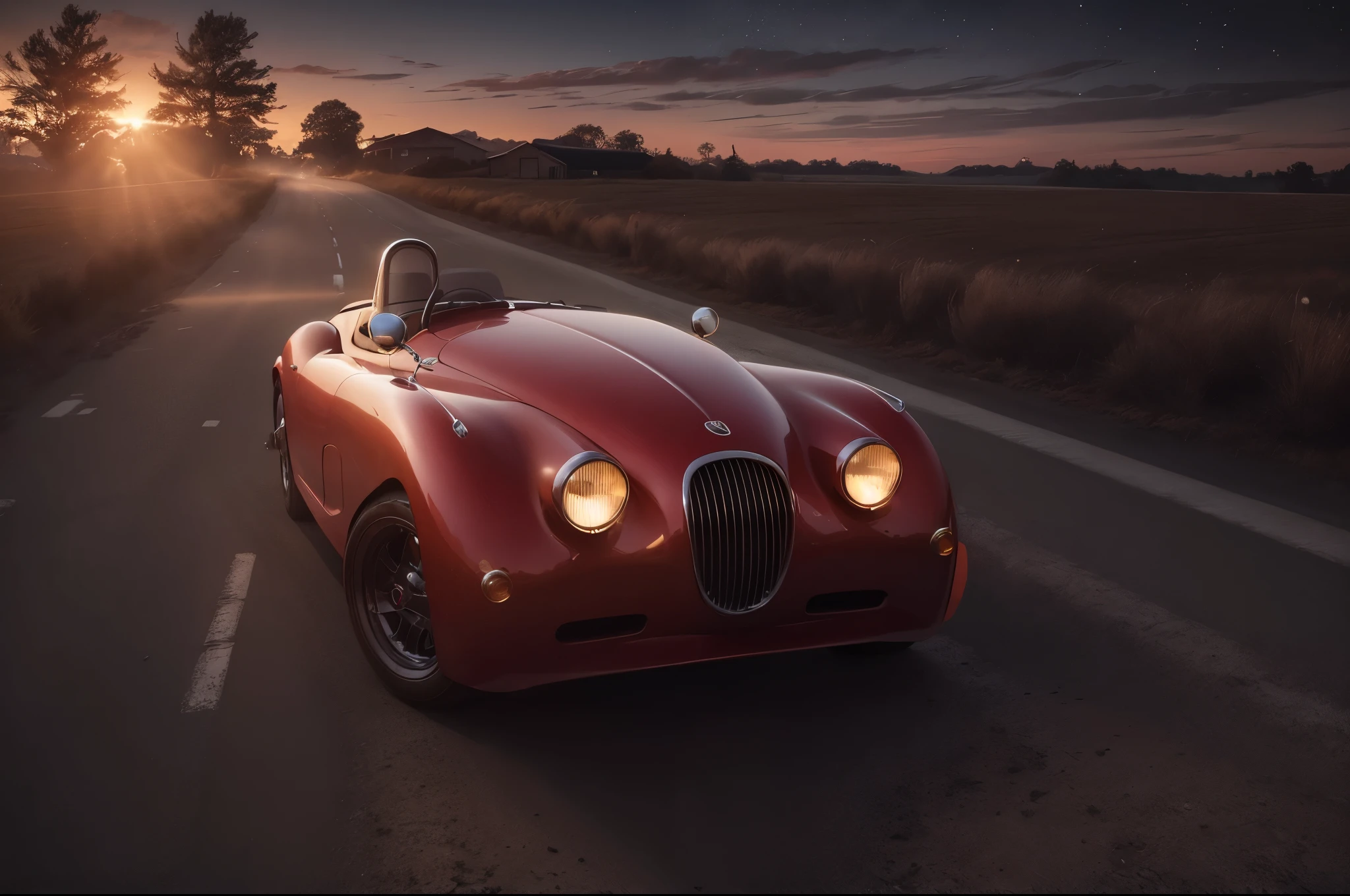 Obra-prima, melhor qualidade, a limited edition sports car a red Jaguar XK 150 Speedster convertible with its headlights on and on on a country road surrounded by greenery with the moon shining in the sky full of stars, style Artie Guérin