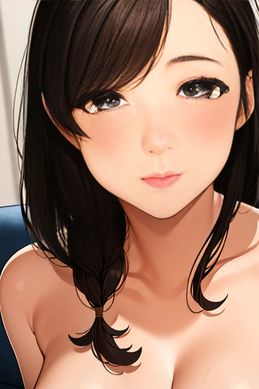 apartment, day,windows,sitting on couch,
beige shirt,miniskirt, arms behind back, collarbone, cleavage,
black eyes, Brown hair,bangs,single braid,
1 girl, 20yo,Young female,Beautiful Finger,Beautiful long legs,Beautiful body,
Beautiful Nose,Beautiful character design, perfect eyes, perfect face,expressive eyes,perfect balance,
looking at viewer,(Focus on her face),closed mouth, (innocent_big_eyes:1.0),(Light_Smile:0.3),
official art,extremely detailed CG unity 8k wallpaper, perfect lighting,Colorful, Bright_Front_face_Lighting,White skin,
(masterpiece:1.0),(best_quality:1.0), ultra high res,4K,ultra-detailed,
photography, 8K, HDR, highres, absurdres:1.2, Kodak portra 400, film grain, blurry background, bokeh:1.2, lens flare, (vibrant_color:1.2),professional photograph,
(Beautiful,large_Breasts:1.5), (beautiful_face:1.5),(narrow_waist),