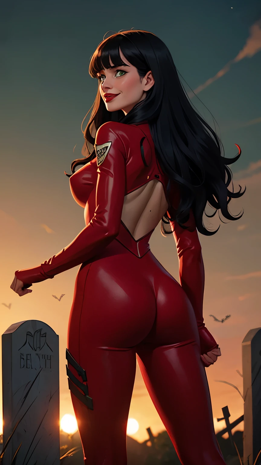 woman, white skin, green eyes, black hair, wavy hair, straight hair, bangs, long hair, cemetery at night, blood in mouth, red body suit, red boots, standing, terror, deep neckline, marked nipples, smiling, looking at camera, red lips, athletic, bats, shot from behind.