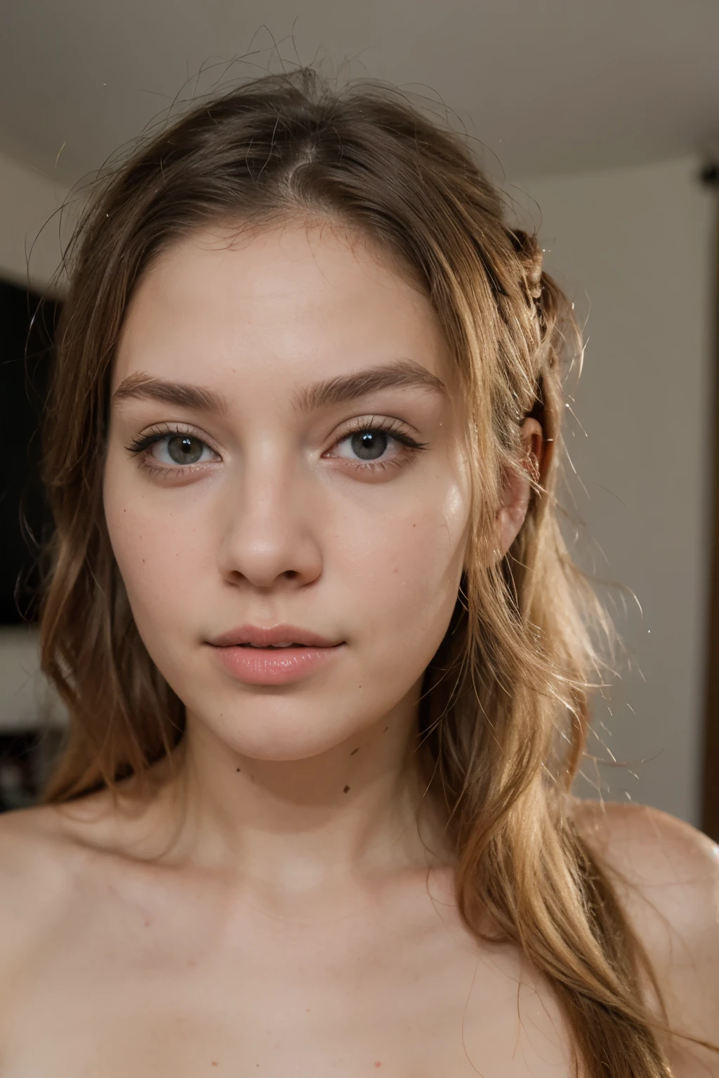 ((Best quality)), ((Masterpiece)), (detailed), photo of a 20 year old girl, perfect face, plump lips, bright skin, beautiful expressive blue eyes, cheekbones, dark hair, small feminine nose, a slim body, Ears are pierced in several places, large open beautiful female breasts covered with a women's top