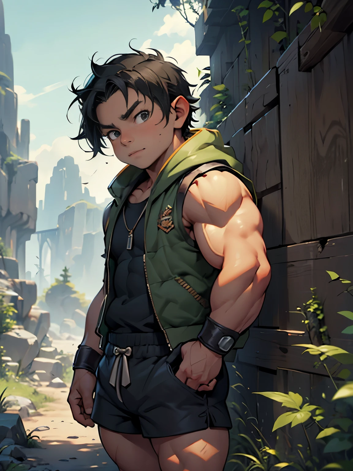 Muscular dwarf, juvenile, upper body unclothed, sleeveless jacket, strait black hair, detailed muscular physique, chibi, midget, dwarf, 4K resolution. Background: Wild untamed wilderness with rugged mountains,32k uhd, best quality, masterpiece, super detail, high details, standing, shorts legs