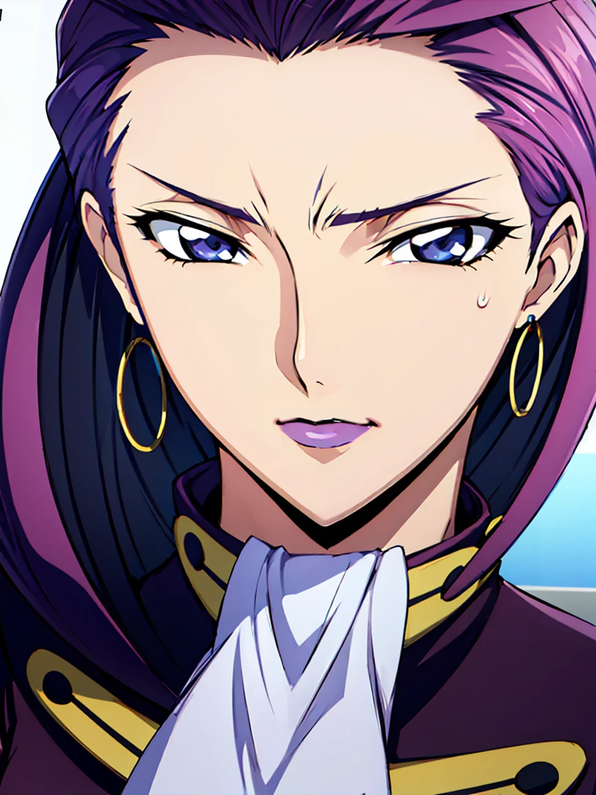 Simple white background,
purple outfit,Military, Military uniform,
Purple hair,Purple eyes, ((((straight Hair)))),makeup,
1 girl, 35yr old,milf,Beautiful Finger,Beautiful long legs,Beautiful body,
Beautiful nose,Beautiful character design, Perfect eyes, Perfect face,Expressive eyes,Perfect balance,
Looking at Viewer,(Focus on her face),Closed mouth, (Innocent_Big_Eyes:1.0),(light_Smile:0.3),
Official art,Highly detailed CG Unity 8k wallpaper, Perfect Lighting,Colorful, Bright_front_Face_Lighting,White skin,
(masutepiece:1.0),(best_quality:1.0), 超A high resolution,4K,Ultra-detailed,
Photography, 8K, nffsw, hight resolution, absurderes:1.2, Kodak Portra 400, Film grain, Blurry background, Bokeh:1.2, Lens Flare, (Vibrant_Color:1.2),professional photograpy,
(Beautiful,breasts:1.0), (Beautiful_Face:1.5),(narrow_waist),(((((((very_Short_hair))))))),(((((hoop_earrings))))), (((((hair slicked back)))))