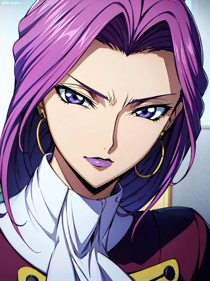 Simple white background,
purple outfit,Military, Military uniform,
Purple hair,Purple eyes, ((((straight Hair)))),makeup,
1 girl, 35yr old,milf,Beautiful Finger,Beautiful long legs,Beautiful body,
Beautiful nose,Beautiful character design, Perfect eyes, Perfect face,Expressive eyes,Perfect balance,
Looking at Viewer,(Focus on her face),Closed mouth, (Innocent_Big_Eyes:1.0),(light_Smile:0.3),
Official art,Highly detailed CG Unity 8k wallpaper, Perfect Lighting,Colorful, Bright_front_Face_Lighting,White skin,
(masutepiece:1.0),(best_quality:1.0), 超A high resolution,4K,Ultra-detailed,
Photography, 8K, nffsw, hight resolution, absurderes:1.2, Kodak Portra 400, Film grain, Blurry background, Bokeh:1.2, Lens Flare, (Vibrant_Color:1.2),professional photograpy,
(Beautiful,breasts:1.0), (Beautiful_Face:1.5),(narrow_waist),(((((((very_Short_hair))))))),(((((hoop_earrings))))), (((((hair slicked back)))))