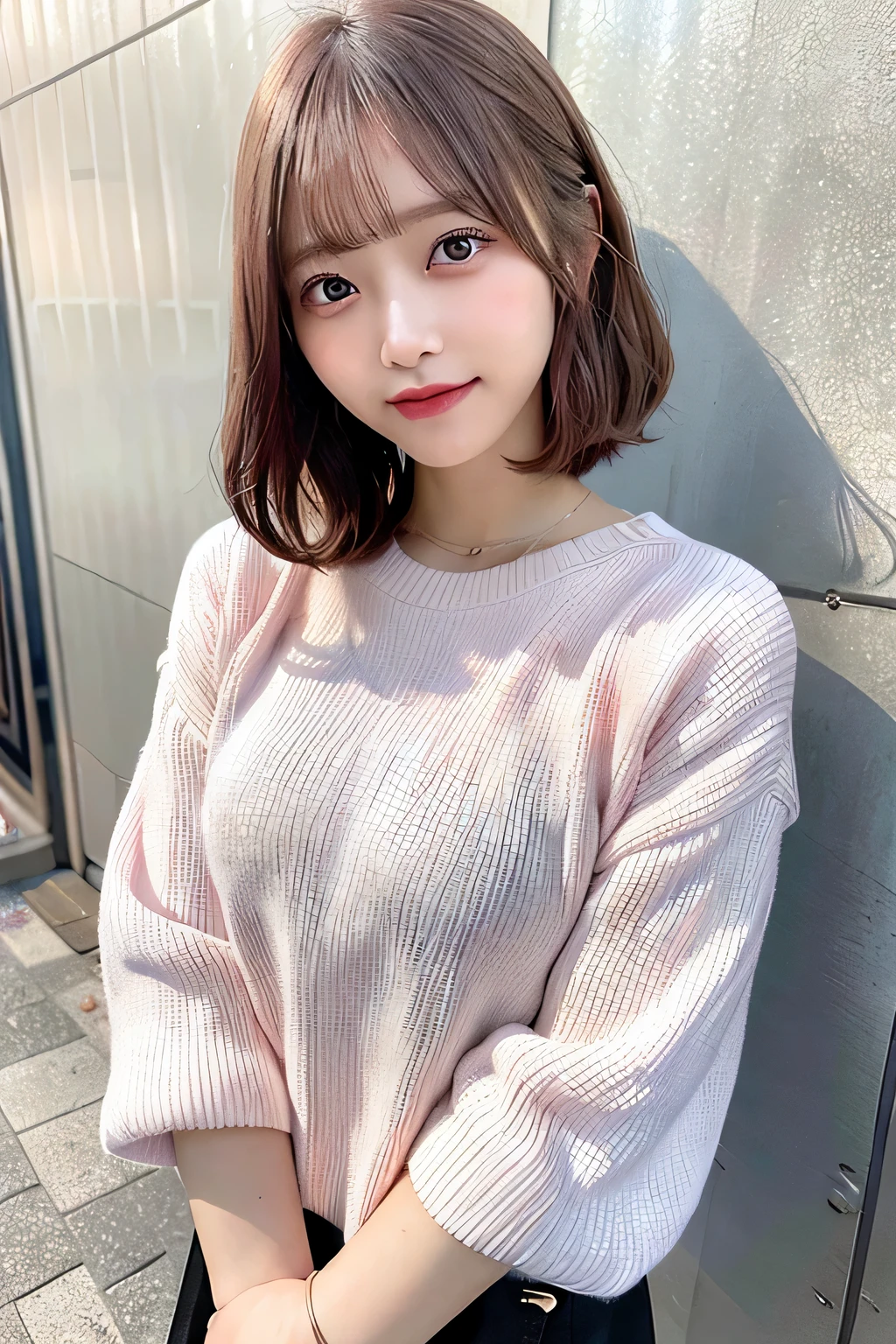 high quality、8K、masterpiece:1.3))、1 girl、smile、cute pose、Full body front、slim face、natural cute woman、(Korean Style Bob、pink greige hair color、)、Monotone casual fashion、super detailed face、fine eyes、double eyelid、(Concrete pouring、white wall background)