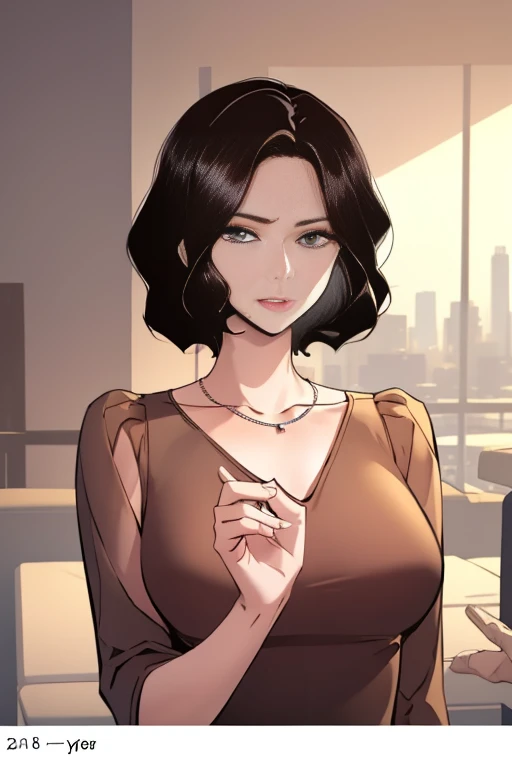 masterpiece, best quality, absurdres, perfect anatomy, beautiful background, beautiful face, beautiful eyes, beautiful body, upper body, shinjiye, 1girl, solo, short hair, large breasts, black hair, dress, jewelry, necklace, mature female, brown dress, Mimicking a ballet pose,