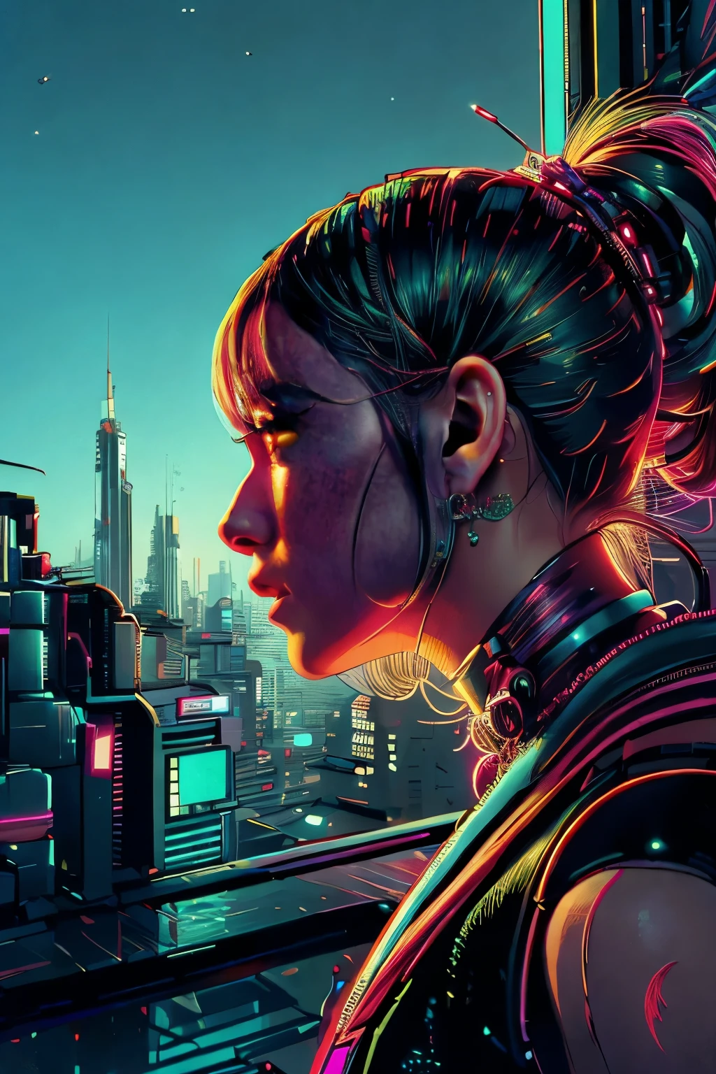 Uma belissima garota japonesa ciborgue, cyberpunk corpo lindo, peitos medios, belo quadril, partes mecanicas, cabelo medio, intincado detalhado, luzes neon, side view of the back looking at the viewer, on a luxurious terrace, vista de fundo predios futuristas da cidade