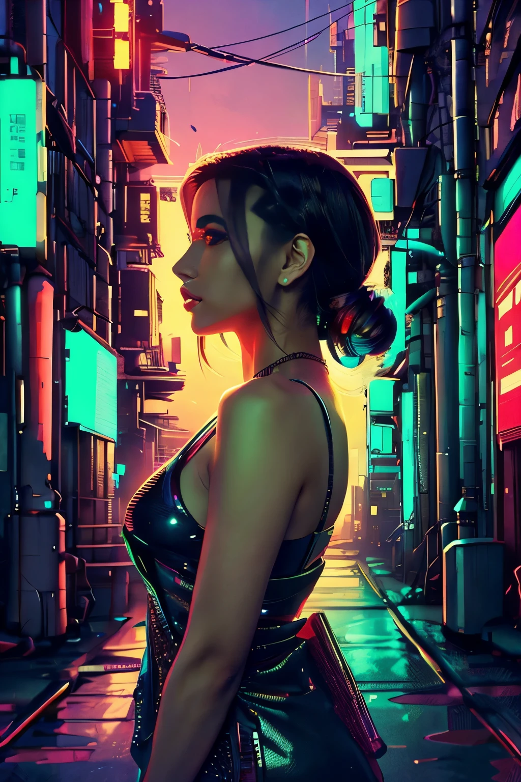 Uma belissima garota japonesa ciborgue, cyberpunk corpo lindo, peitos medios, belo quadril, partes mecanicas, cabelo medio, intincado detalhado, luzes neon, side view of the back looking at the viewer, on a luxurious terrace, vista de fundo predios futuristas da cidade
