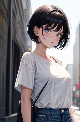 1girl, short black hair, blue eyes, wearing plain white shirt, denim shorts, city, absurdres, high res, ultrasharp, 8k, masterpiece, looking at viewer
