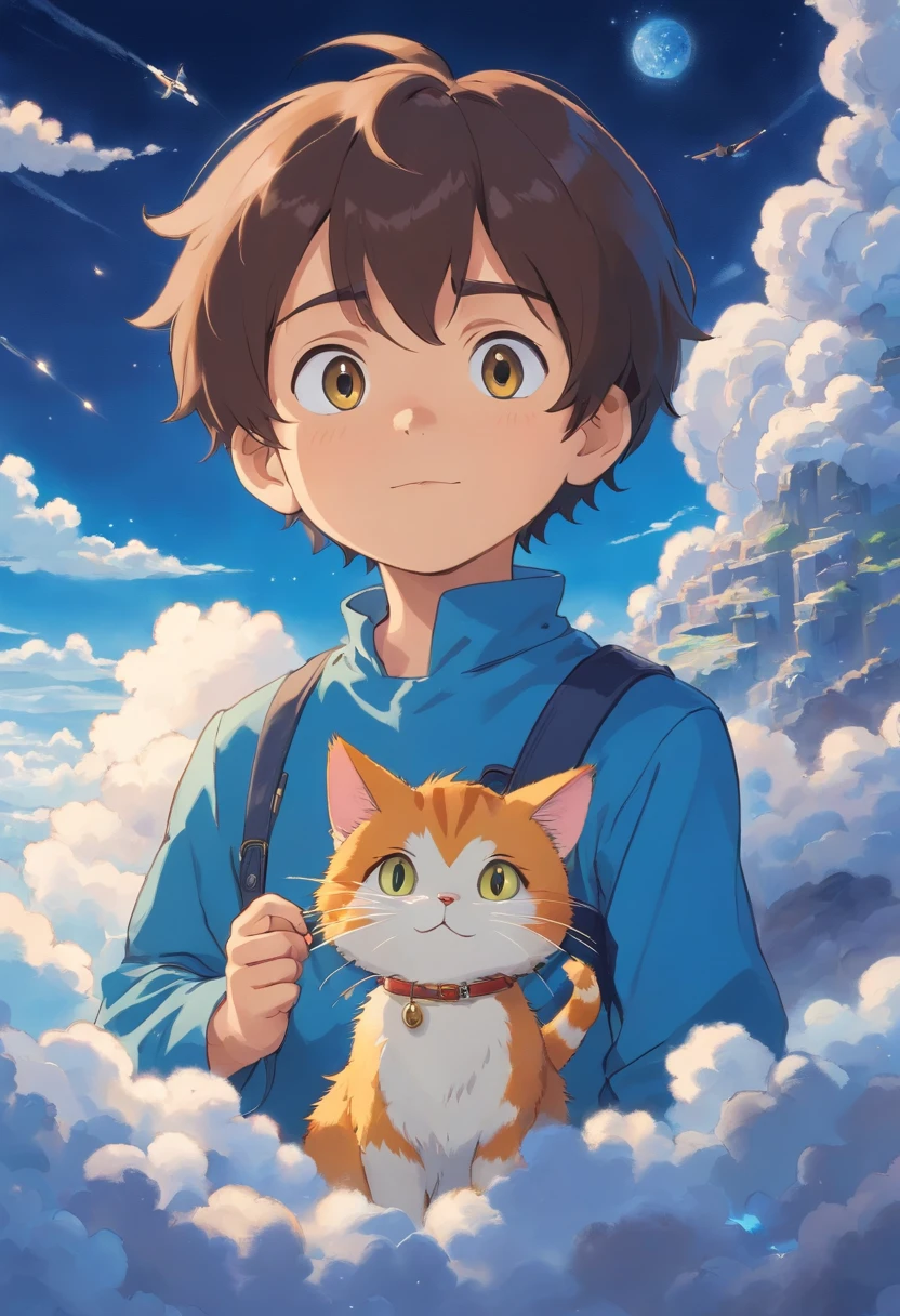 Little boy with his cat, excentrique, qui cherche des diamands dans les nuages. Ciel bleu, Brightness Clear dark. buried treasure. 