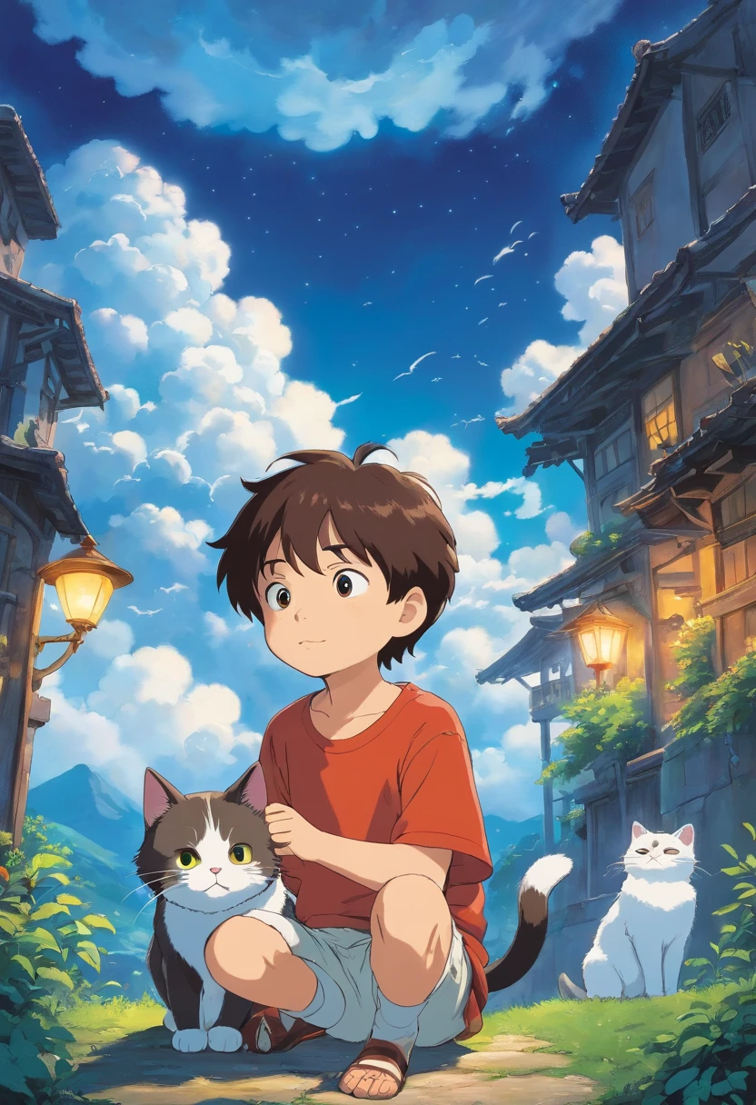 with his cat, excentrique, qui cherche des diamands dans les nuages. Ciel bleu, Brightness Clear dark. buried treasure.