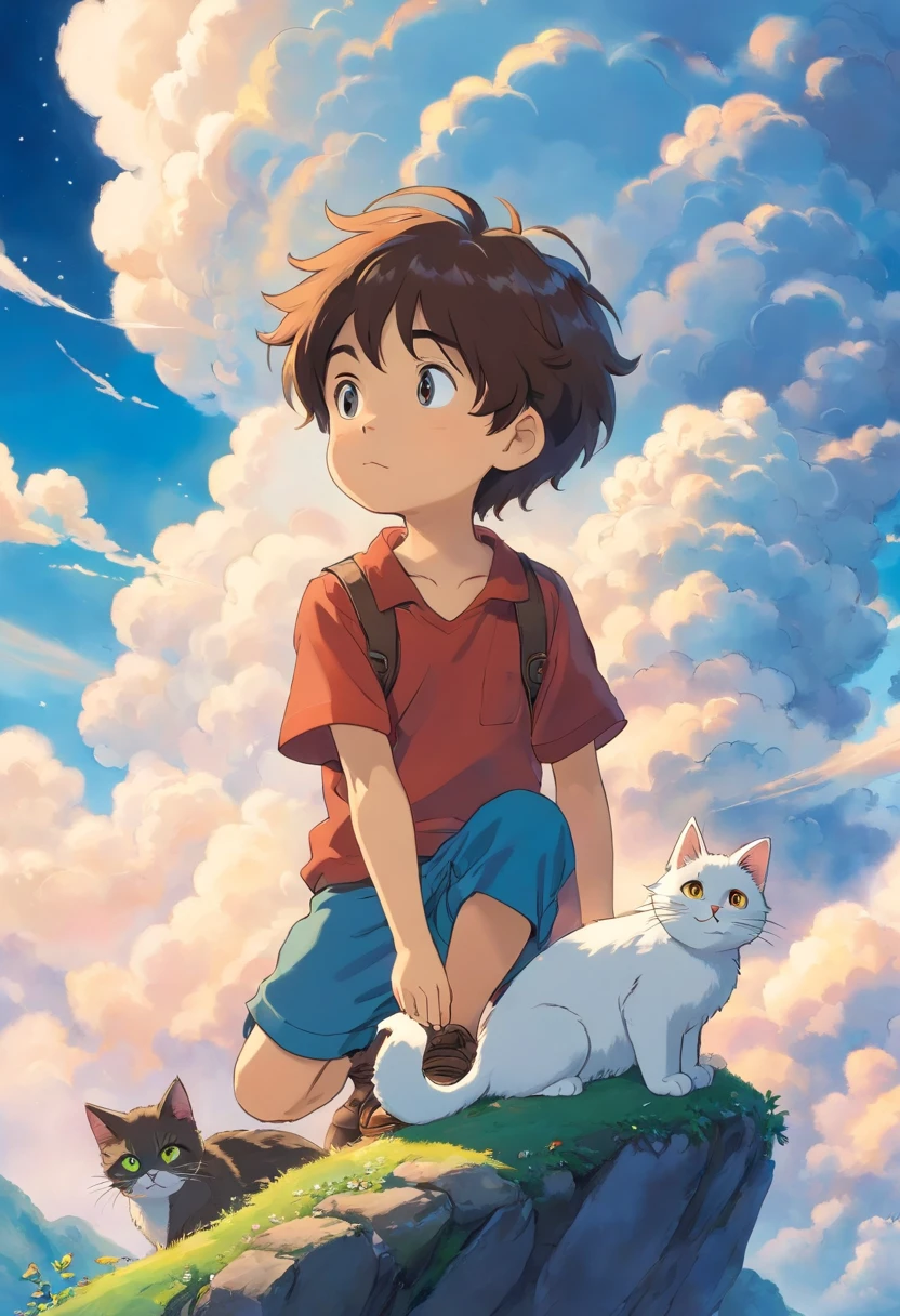 Little boy with his cat, excentrique, qui cherche des diamands dans les nuages. Ciel bleu, Brightness Clear dark. buried treasure.