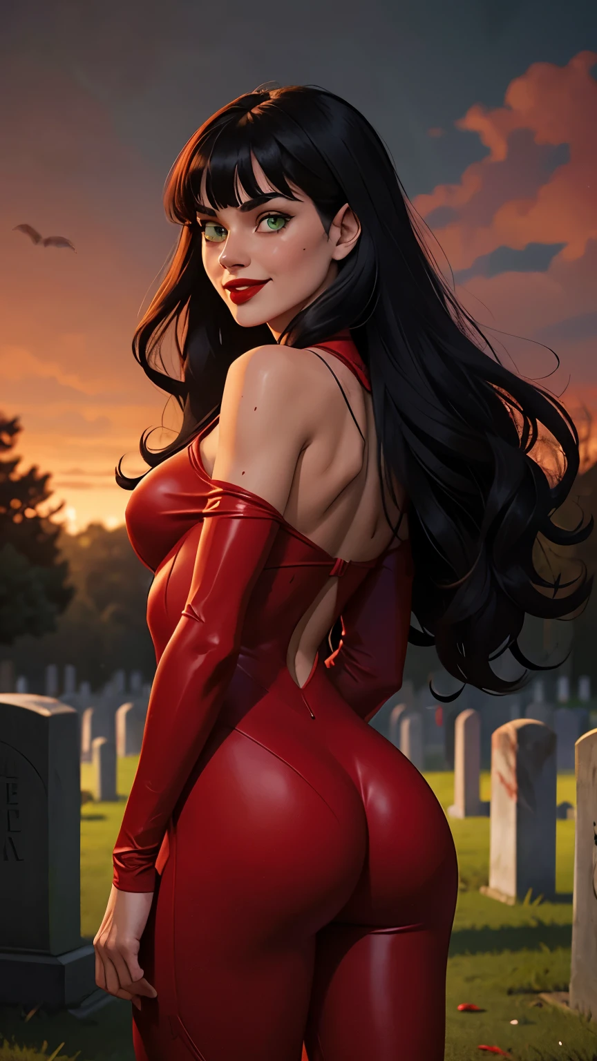 woman, white skin, green eyes, black hair, wavy hair, straight hair, bangs, long hair, cemetery at night, blood in mouth, red body suit, red boots, standing, terror, deep neckline, marked nipples, smiling, looking at camera, red lips, athletic, bats, scary atmosphere, shot from behind.