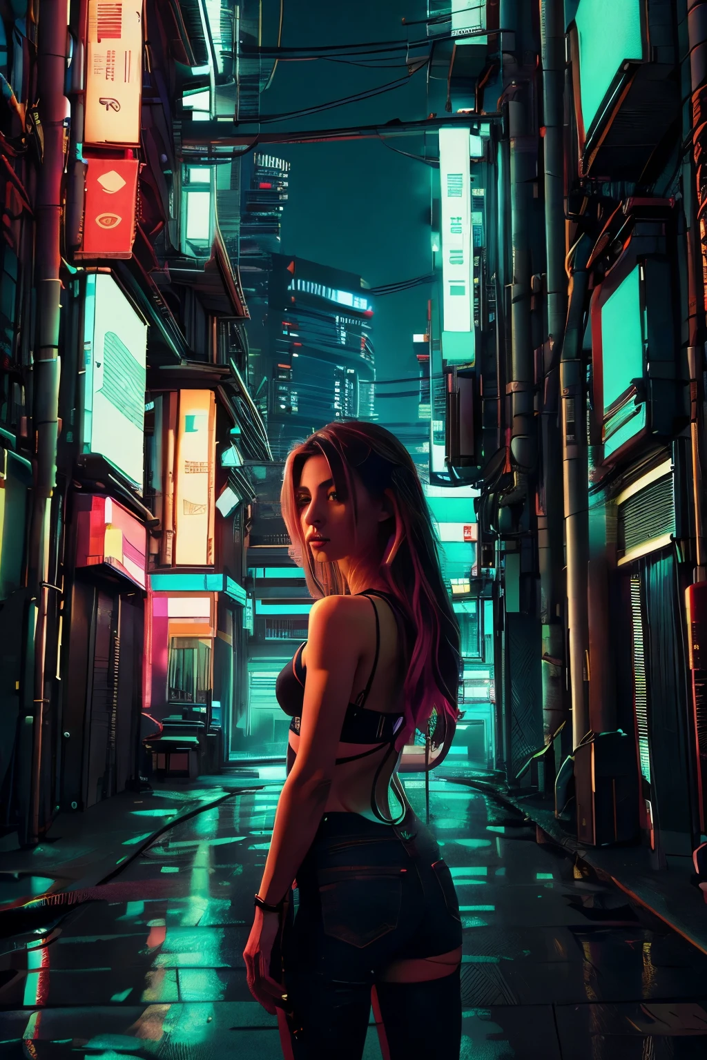 Uma belissima garota japonesa ciborgue, cyberpunk corpo lindo, peitos medios, belo quadril, partes mecanicas, cabelo medio, intincado detalhado, luzes neon, side view of the back looking at the viewer, on a luxurious terrace, vista de fundo predios futuristas da cidade
