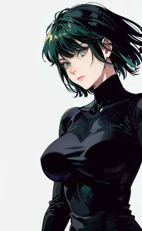 A close-up of a person wearing a black shirt and green hair, Tatsumaki from One Punch Man, Fubuki, Æon Flux style mix, by Kentaro Miura, the style is a mix of Æon flux, Anime girl in a black dress, Art by Kentaro Miura, Portrait of a female anime heroine, Female anime character,  Anime woman, fubuki, green hair, short hair