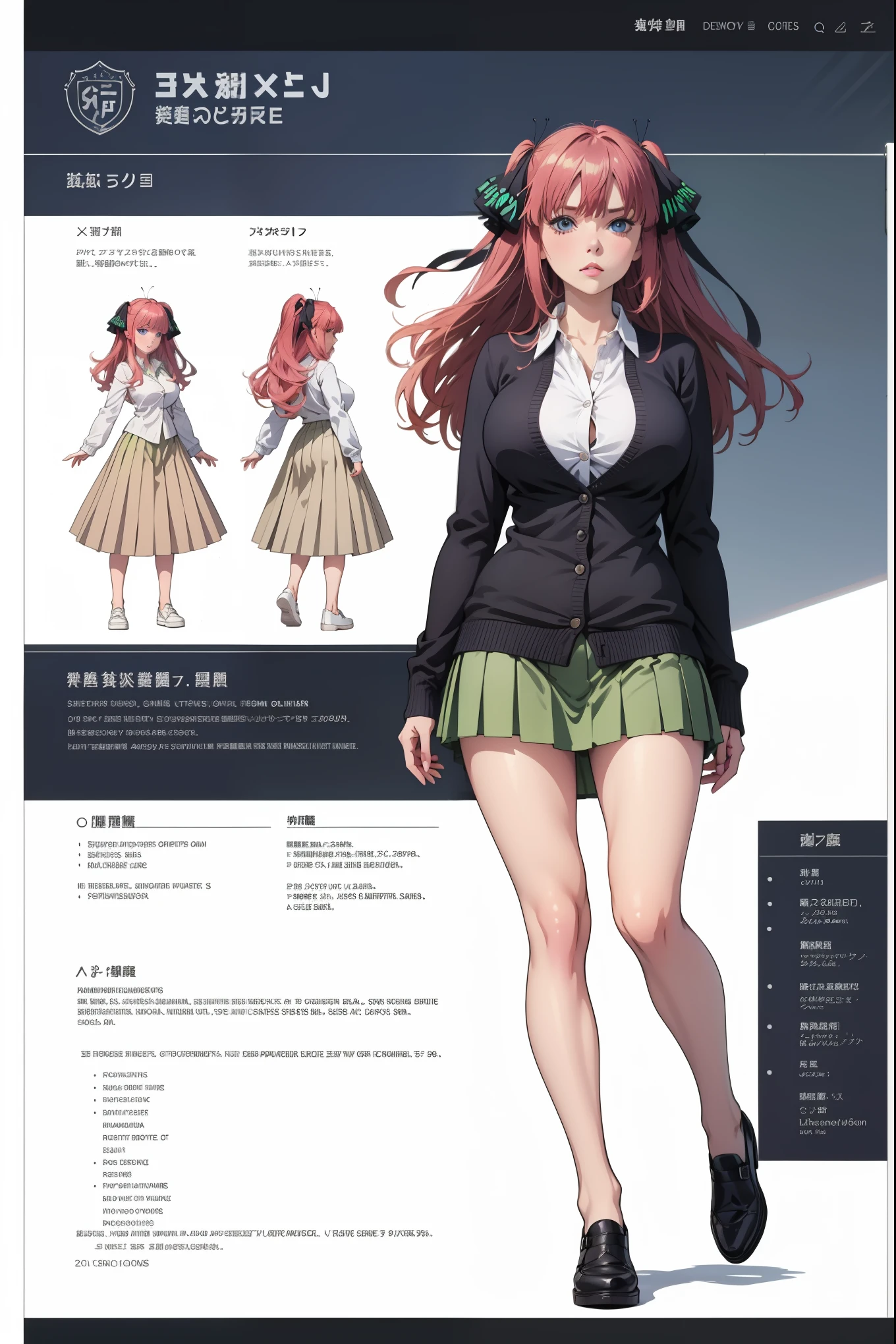 girl, solo, full body, from head to toe, standing, (Huge_Breasts:1.3), short skirt,

Character Design Sheet, character reference sheet, character turn around,

nino nakano, long hair, bangs, blue eyes, hair ornament, hair ribbon, pink hair, blunt bangs, two side up, butterfly hair ornament,

skirt, shirt, long sleeves, white shirt, pleated skirt, open clothes, collared shirt, sleeves past wrists, dress shirt, cardigan, green skirt, open cardigan, black cardigan,