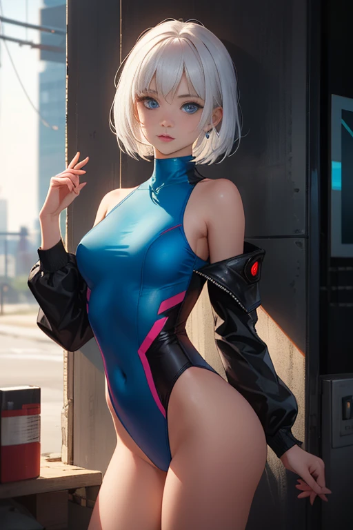 cyberpunk edgerunners, 1girl, lucy \(cyberpunk\), bare shoulders, blue eyes, , leotard, looking at viewer, medium breastshoulder jacket, off shoulder, red eyeliner, short hair, sleeveless turtleneck leotard, solo, turtleneck leotard, white hair, ((masterpiece))