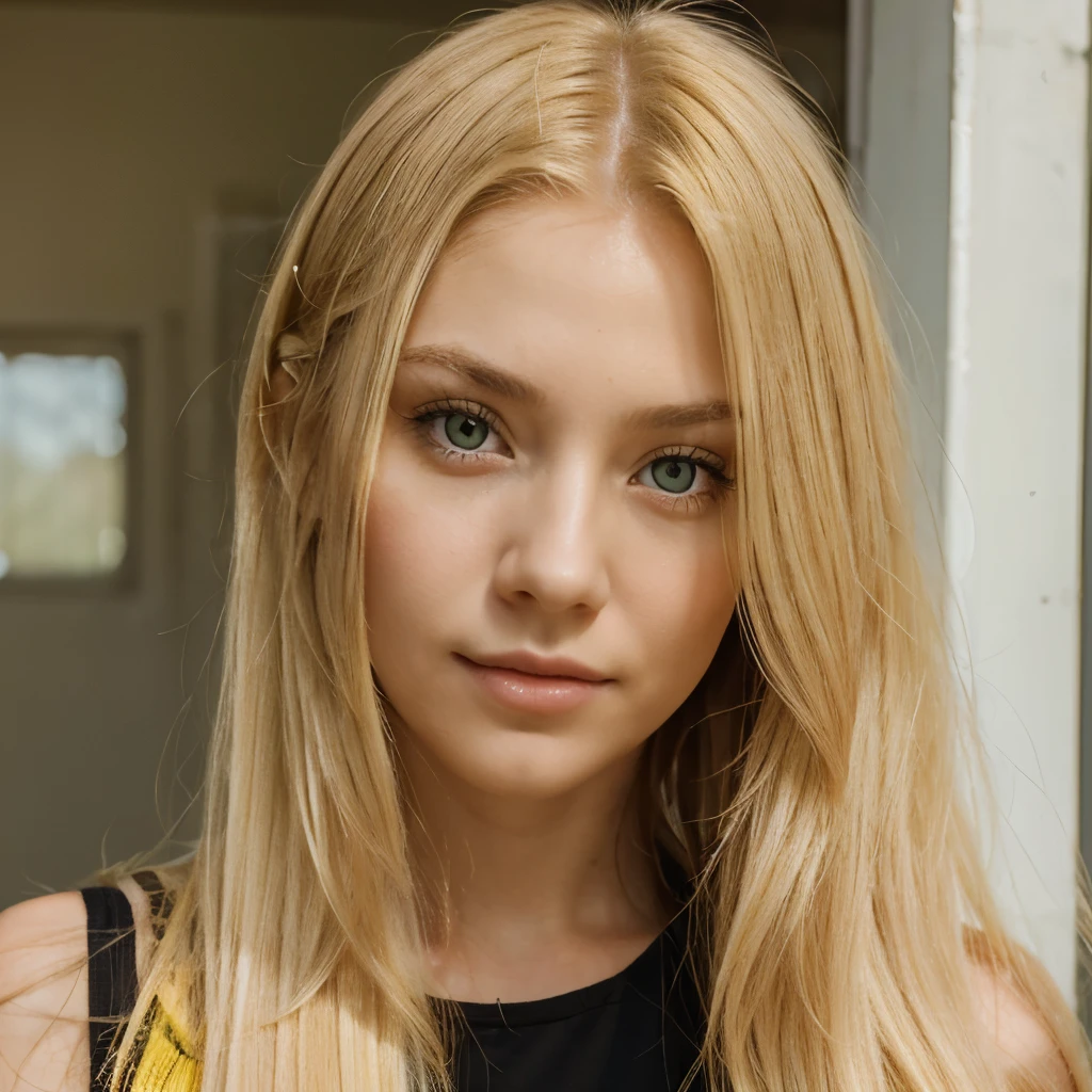 A girl with long yellow hair and green eyes gives her a mature and responsible appearance.