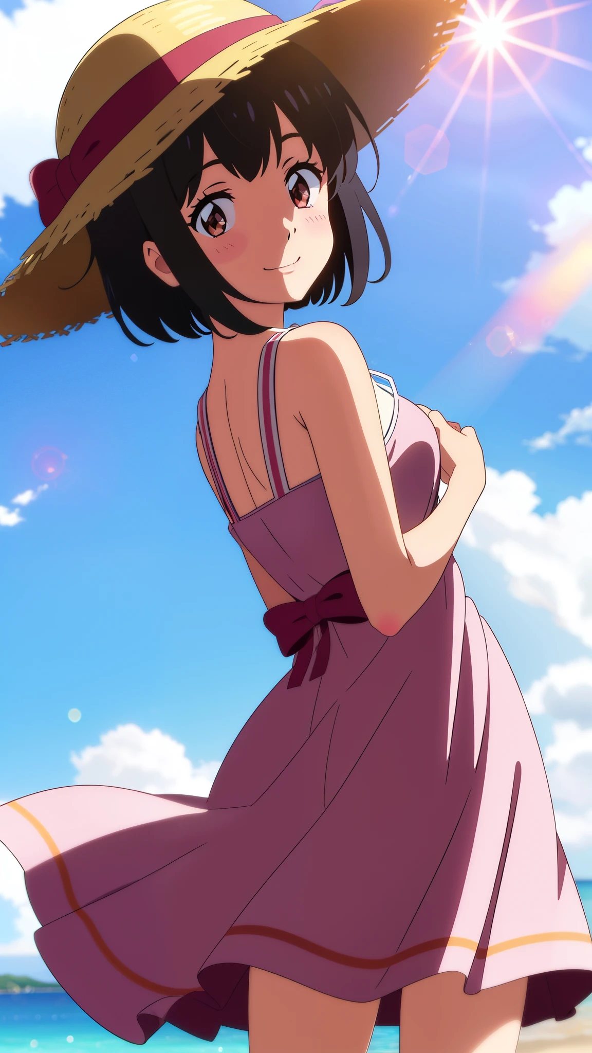 shinkai makoto, kimi no na wa., 1girl, bangs, black hair, blush, brown eyes, shiny skin, red headband, a pink lace dress, straw hat, short hair, smile, cute, solo, looking at viewer, happy, summer beach, cloudy, sky, sunset, evening, lens_flare, Splash