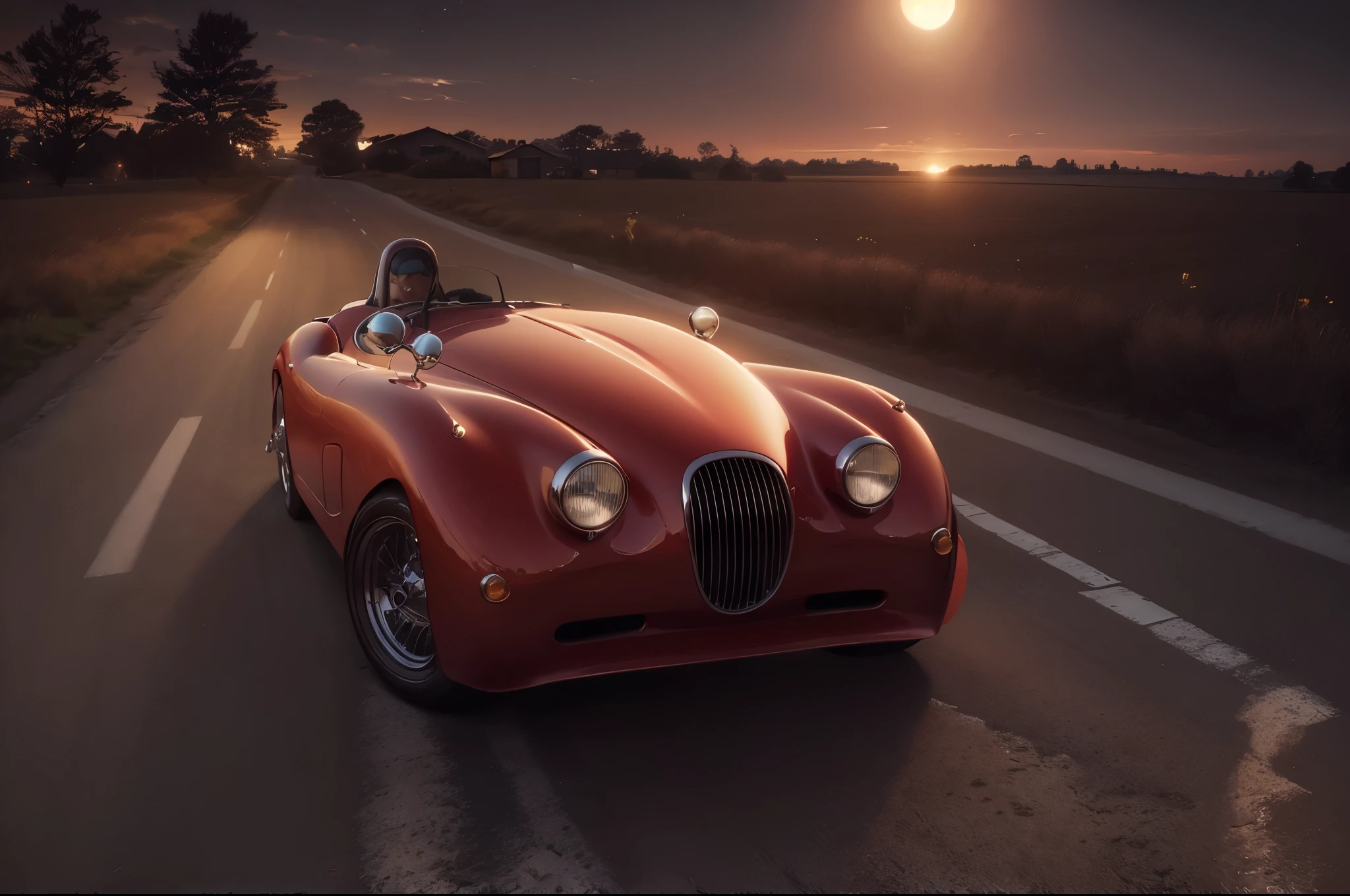 Obra-prima, melhor qualidade, a limited edition sports car a red Jaguar XK 150 Speedster convertible with its headlights on and on on a country road surrounded by greenery with the moon shining in the sky full of stars, style Artie Guérin