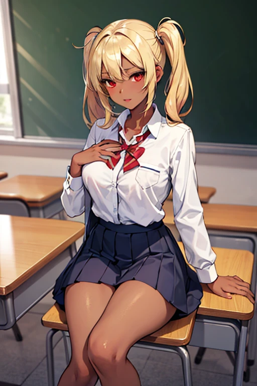 (masterpiece:1.2, best quality), 1lady, solo, school uniform, classroom, day, sit, blonde, twintails, red eyes, open collabone, darkskin, (open breasts:1.1),