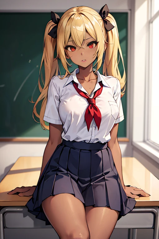 (masterpiece:1.2, best quality), 1lady, solo, school uniform, classroom, day, sit, blonde, twintails, red eyes, open collabone, darkskin, (open breasts:1.1),