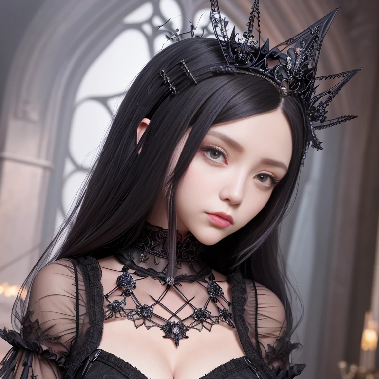 Gothic woman wearing a gothic crown and a gothic dress, Gothic aesthetics, Guviz-style artwork, neo goth, goth aesthetic, elitedangerous ornate ︎, gothic art style, dreamy gothic girl, goth girl aesthetic, inspired by Sim Sa-jeong, 8K high quality detailed art, Guviz, gothic maiden anime girl, dream magical、aethereal、darkly