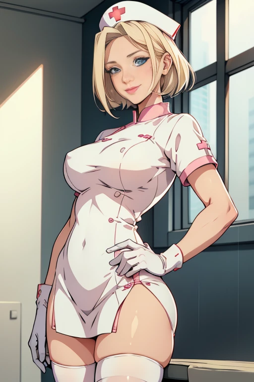 1woman, Nurse, nurse uniform, Nurse Cap, Whiteware, ((White legwear, zettai ryouiki)), White Gloves, Blonde hair, Blue eyes, pink lipsticks, Smile, Standing, sharp outline, Short sleeves, a mature female, 35 year old, Best Quality, masterpiece, infirmary, As chest shows, chest escaping, rain on face, sensuous pose, tit visible