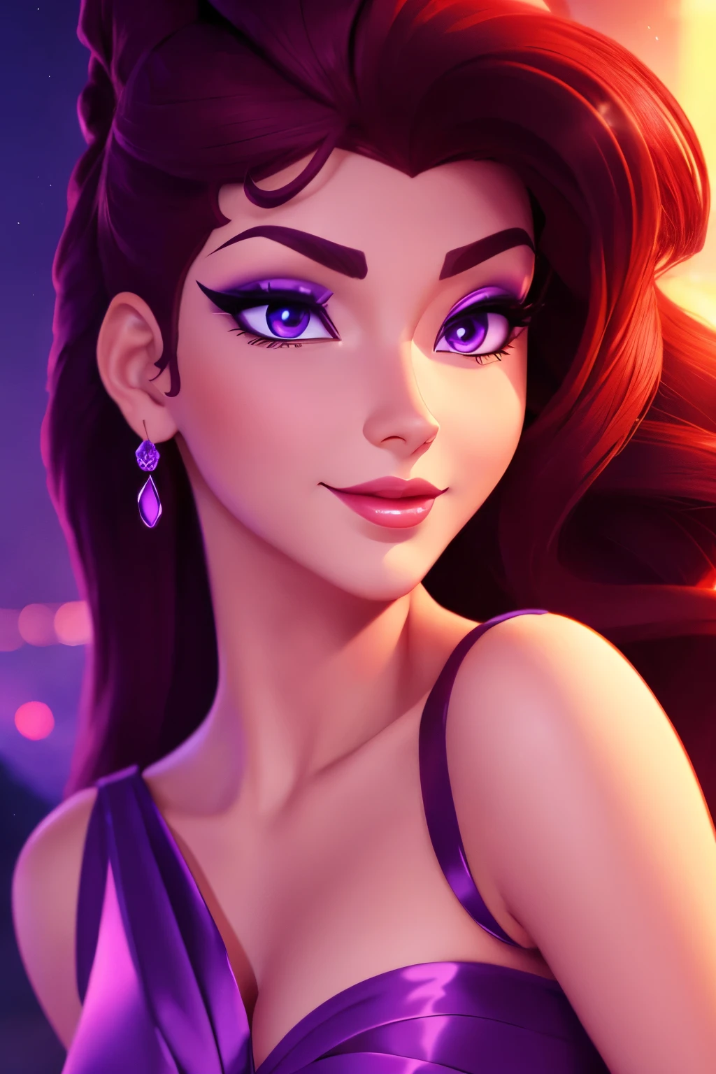 brunette Megara wearing purple greek dress, face focus, beautiful portait, detailed face expression, best quality, official art, on night light background romantice, shinning eyes, disney animation style, best quality, digital art, 2D