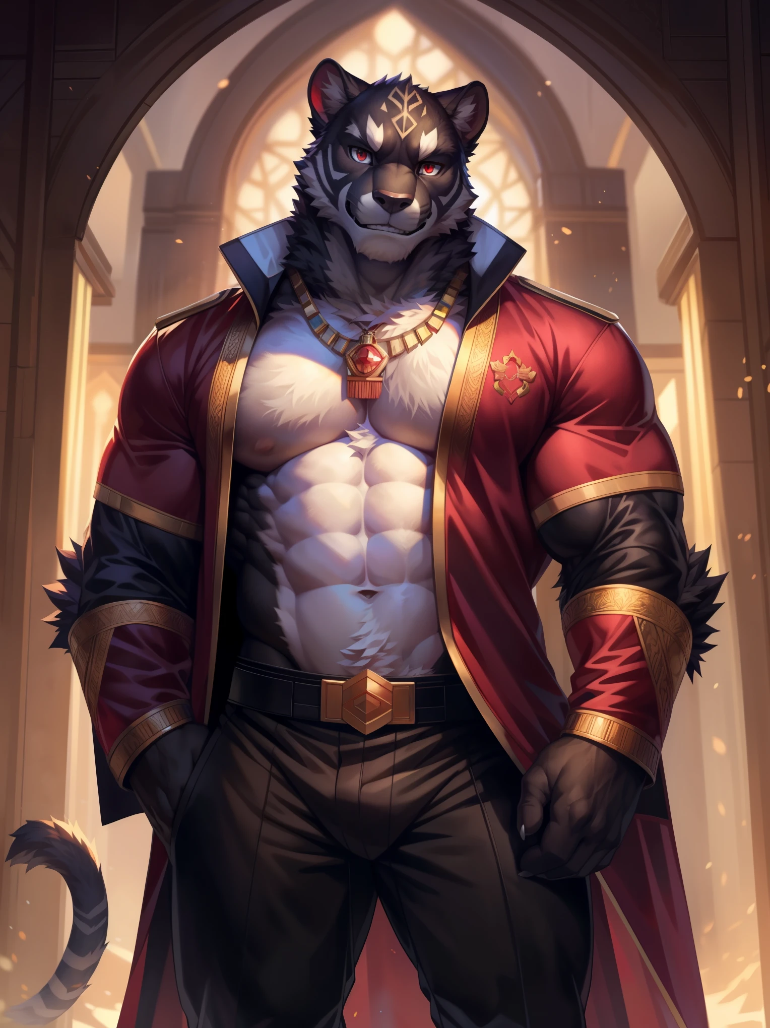 solo,anthro,furry,furry male, Panther, ((fluffy fur,fluffy,furry body)), (black fur, Panther), (black body), big muscles, red eyes, decorative coat, long hair, short hair, detailed fluffy fur, black chest, detailed face, detailed eyes, decorative black coat, fur collar, gold accessory, necklace, red sleeves, uniform, slack pants, black stripes, detailed chest, detailed abs, black slack pants, decorative coat, gold trimmings, tail accessory, panter tail, full body, claws, fantasy grand monastery, red undershirt, (by null-ghost,by raccoon21, masterpiece, high quality,hi-res,8k had), standing pose,close-view portrait, looking at viewer, indoor, lights, serious expression, grin, smirk,