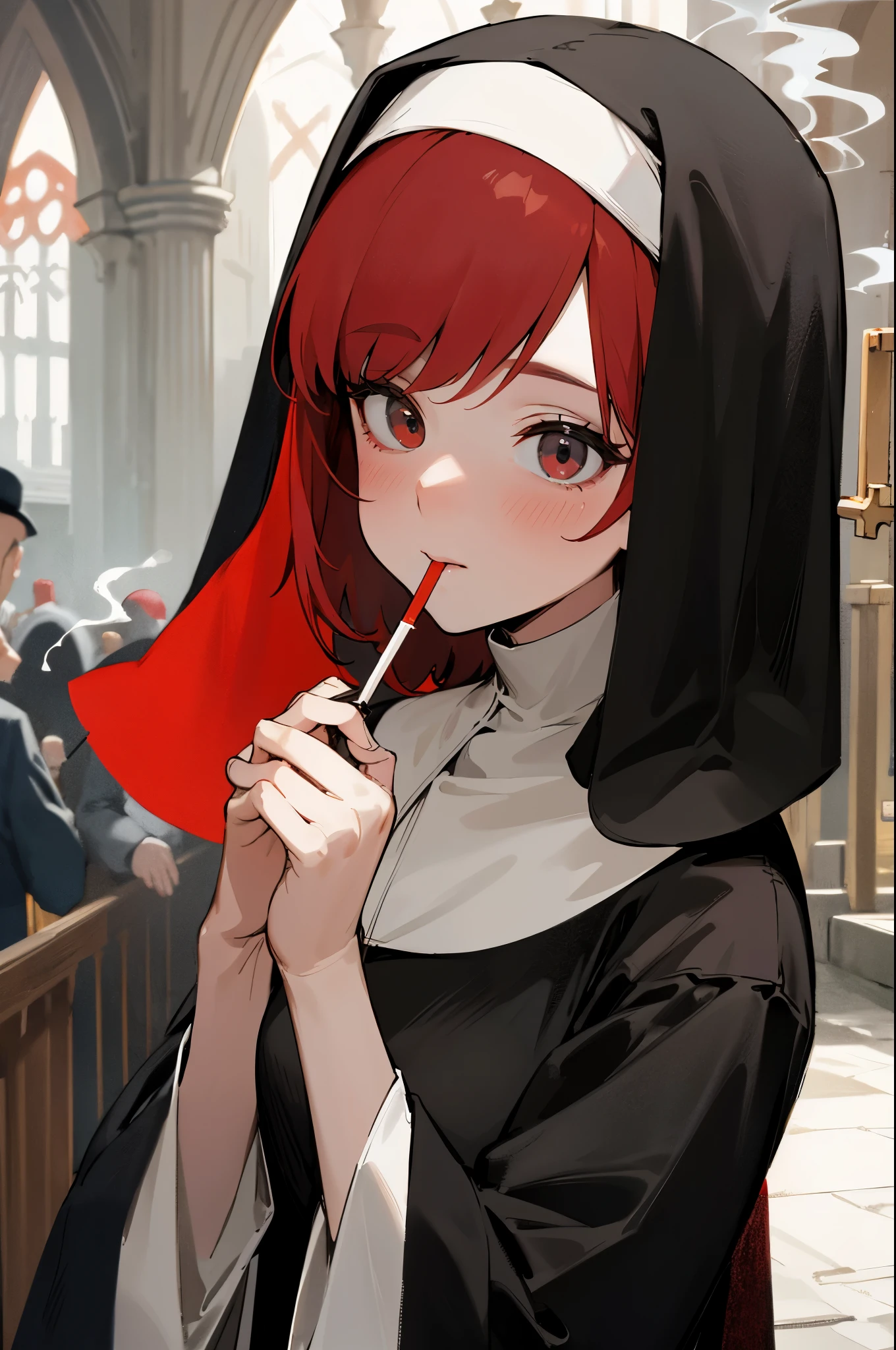 nun with short red hair smoking outside the church