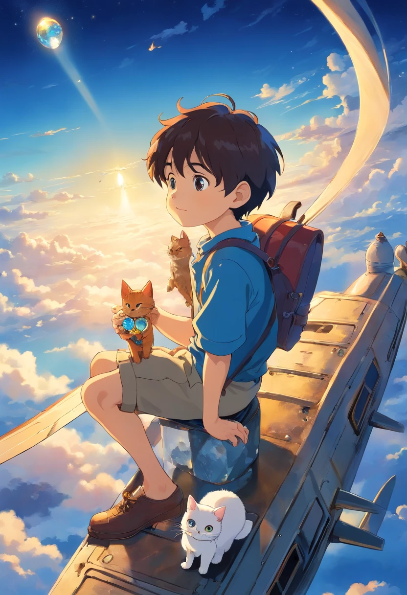 Little boy with his cat, excentrique, who searches for precious stones, assis sur un avion dans un ciel bleu, Brightness Clear dark. buried treasure.