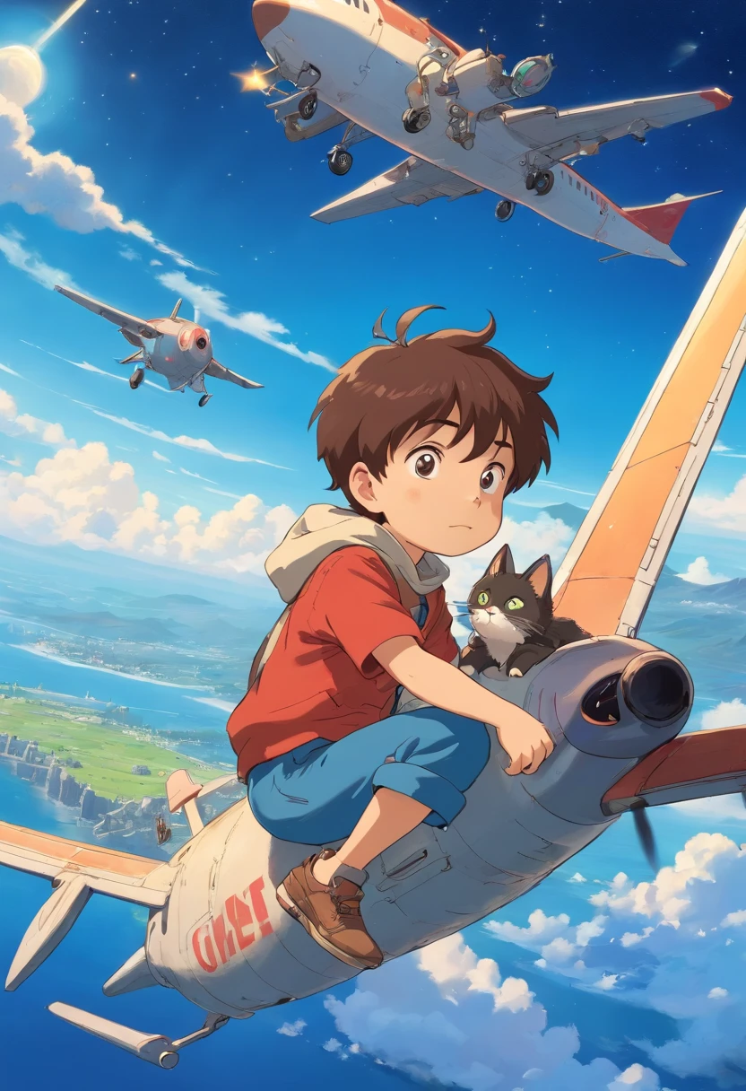 Little boy with his cat, excentrique, who searches for precious stones, assis sur un avion dans un ciel bleu, Brightness Clear dark. buried treasure.