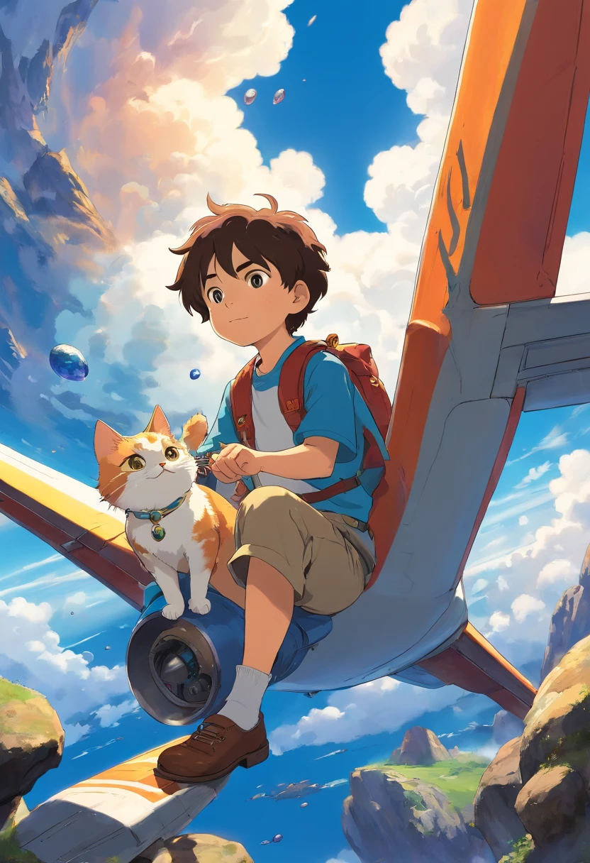 Little boy with his cat, excentrique, who searches for precious stones, assis sur un avion dans un ciel bleu, Brightness Clear dark. buried treasure. 