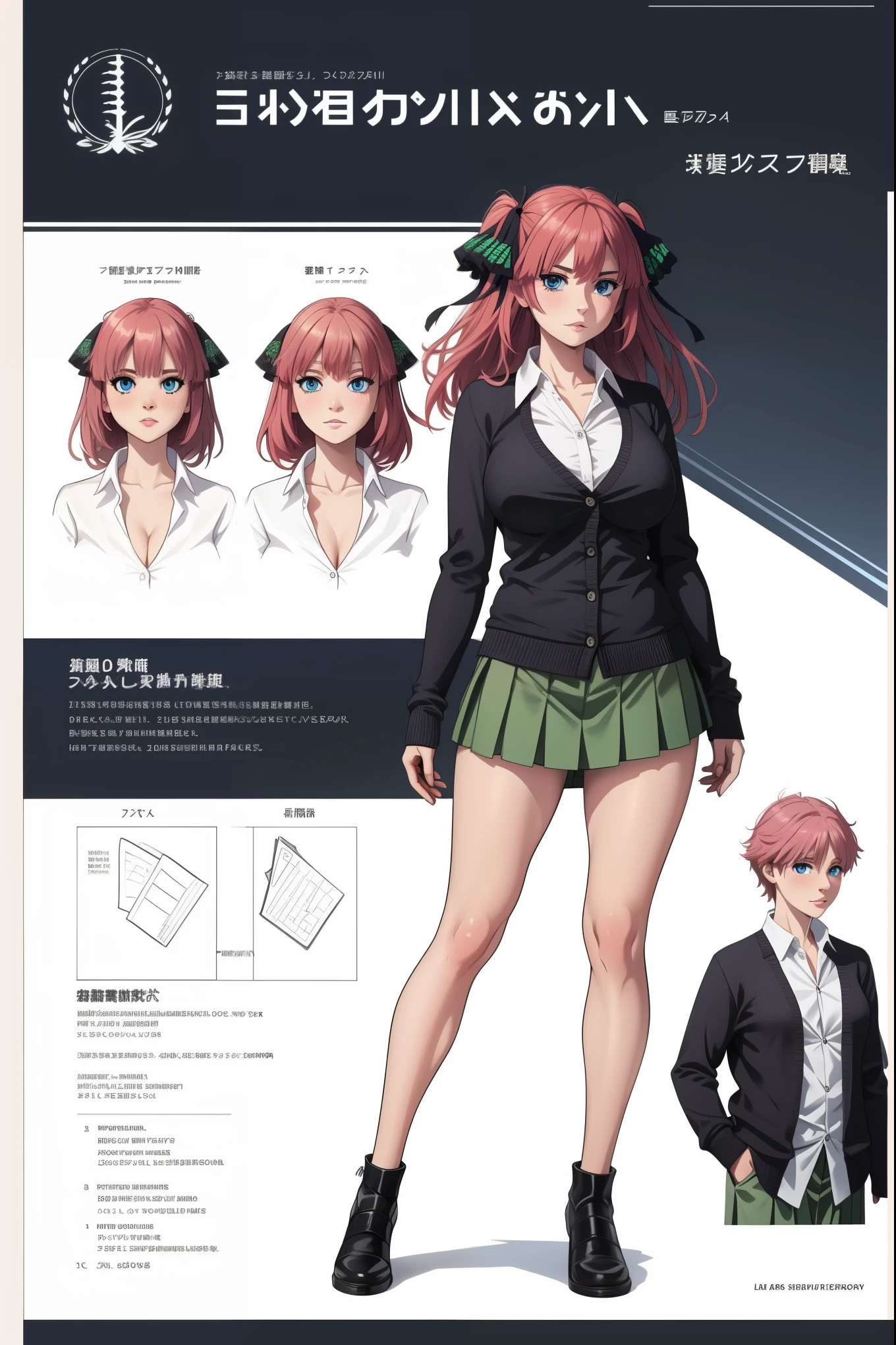 girl, solo, full body, from head to toe, standing, (Huge_Breasts:1.3), short skirt, mini skirt,

Character Design Sheet, character reference sheet, character turn around,

nino nakano, long hair, bangs, blue eyes, hair ornament, hair ribbon, pink hair, blunt bangs, two side up, butterfly hair ornament,

skirt, shirt, long sleeves, white shirt, pleated skirt, open clothes, collared shirt, sleeves past wrists, dress shirt, cardigan, green skirt, open cardigan, black cardigan,