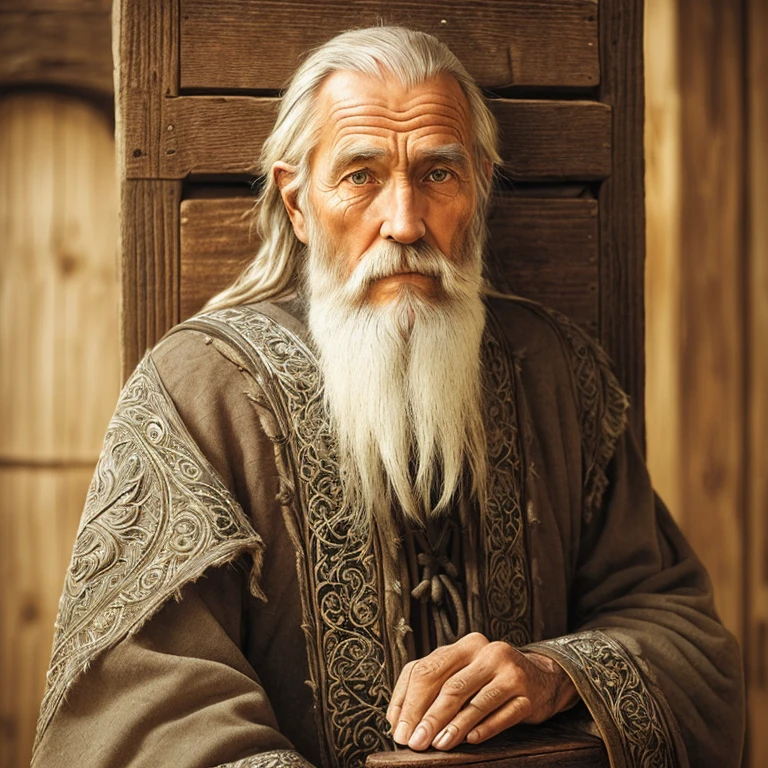 A medieval old man with a long, flowing beard, (intricately detailed:1.3), (worn by time:1.1), (sitting on a wooden stool:1.2), (gaze lost in thought:1.4), hdr, (evoking a sense of wisdom:1.2), cinematic shot, vignette, centered, (clad in worn robes:1.1), (hands resting gently on a worn scroll:1.1).