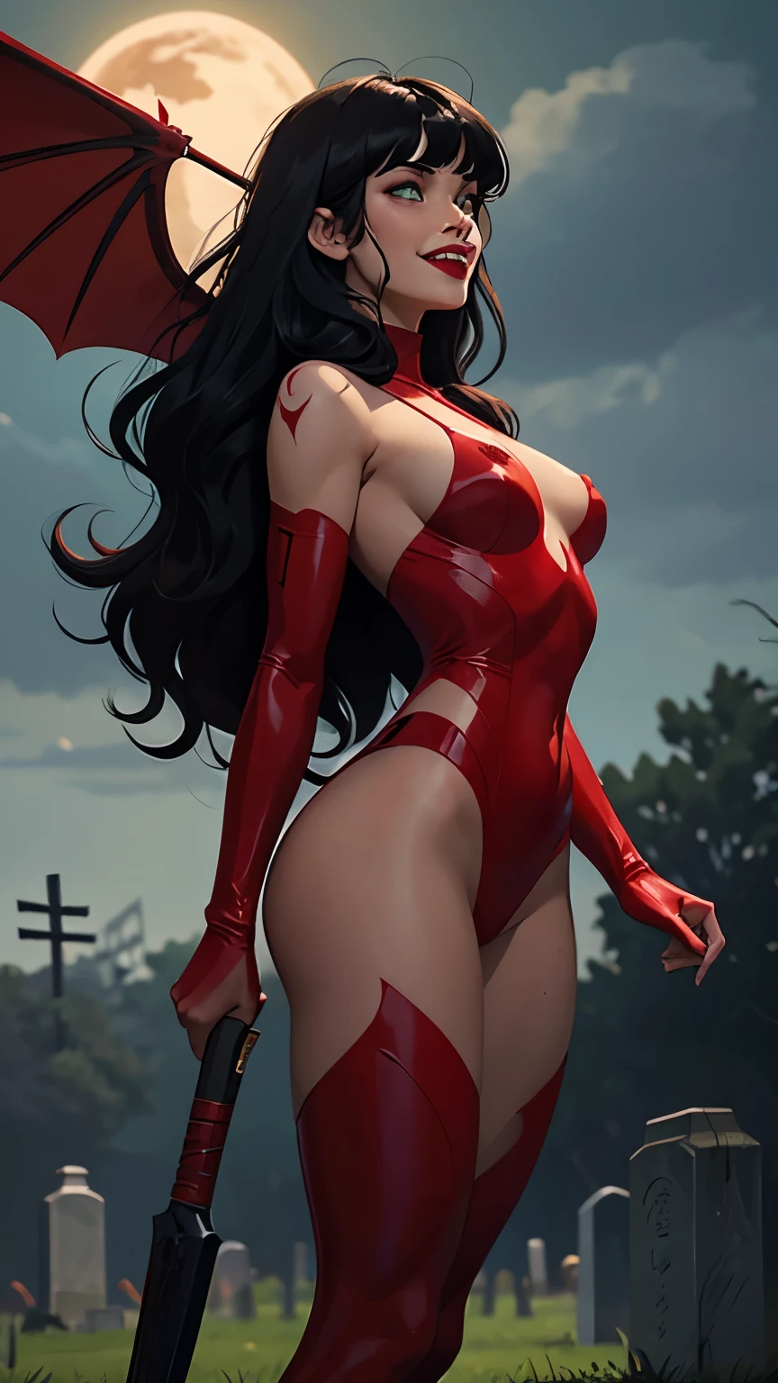 Woman, white skin, green eyes, black hair, wavy hair, straight hair, bangs, long hair, windy hair, cemetery at night, blood in mouth, red body suit, red boots, with bat wings, flying, terror , deep neckline, pronounced nipples, smiling, looking at camera, red lips, athletic, bats, terrifying atmosphere, frontal shot.