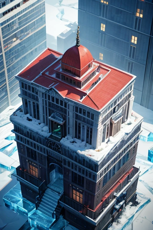 The whole building is surrounded by ICE,Isometric,3 rendering,very high definition,high detail,8k,light,ultra high resolution,Game asset masterpiece,best quality,Tone,Pixar style,simple design,What do you think is mini,Protect animals,1 building,3D,Clean,Eggplant and Coral