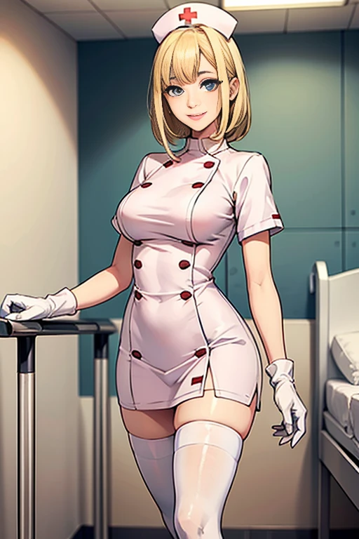 1woman, solo, nurse, nurse cap, white wear, ((white legwear, zettai ryouiki)), white gloves, blonde hair, blue eyes, pink lips, smile, standing, ((hospital room)), sharp outline, short sleeves, mature female, 35 years old, best quality, masterpiece