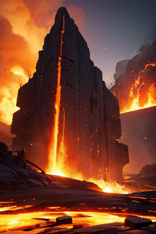 A building surrounded by lava, as if erupting from the underground, equidistant, 3D rendering, incredibly high resolution, high detail, 8k, cinematic lighting, ultra-high resolution, a masterpiece:1.2, realistic:1.37, vivid colors, bokeh, Pixar-style, minimalist design, miniaturized, endangered animals, 1-story, 3D, clean, eggplant and coral